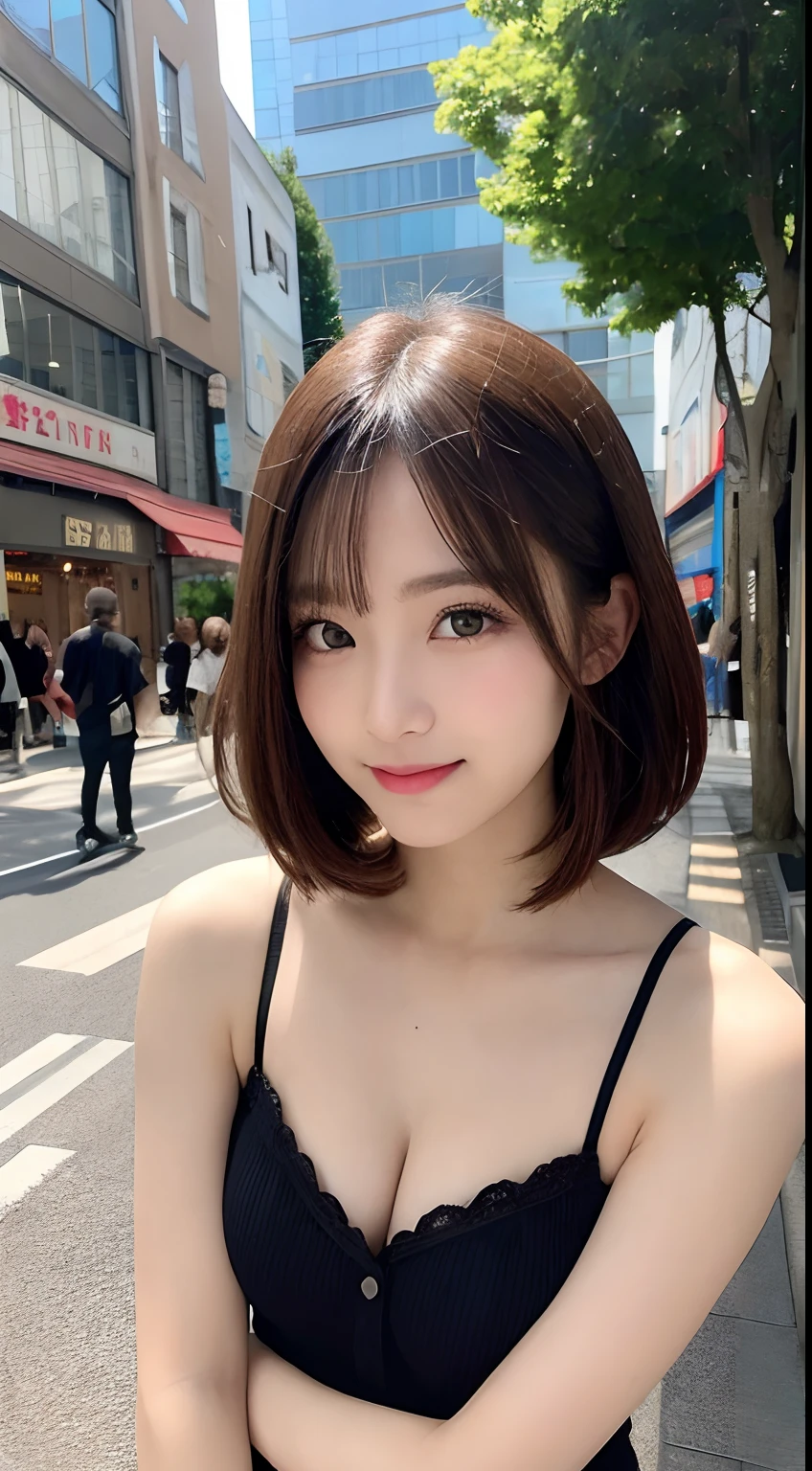 Masutepiece, La mejor calidad, illustration, Ultra detallado, Detalle fino, high resolusion, Fondo de pantalla de 8k, perfect dynamic composition, hermosos ojos detallados, Verano de la moda femenina,Pelo corto bob,Small breasts natural colored lips, Poses sexys audaces,They are smiling,Harajuku、20 yrs old girl、Lindo、Sexy shot looking at the camera