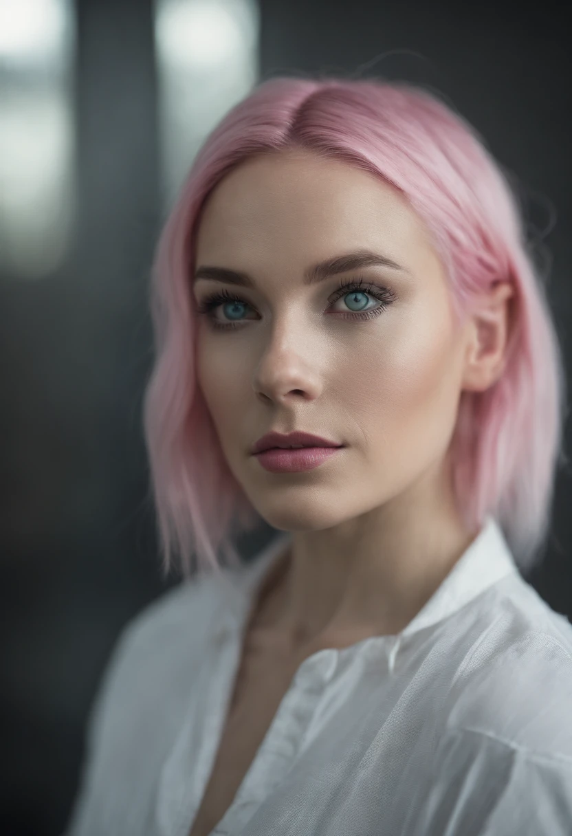Professional, ((full body view)), (Girl, 28 years, 4’10”tall, extremely thin, tiny body, bold, sharp, exotic makeup designed, pale skin, blonde, bulging veins and neck bones, glow blue lipsticks, neon eyeliner, green eyeshadows), (neutral expression), (best quality:1.5), (perfect detailed:1.5), (sharp green eyes), (perfect hair), (((Photorealistic:1.5))), (creative), (silver bright hair, freckles, matte makeup), (sharp white lights illuminating the face), bokeh effect, raw, white wall background, soft ambient lights, neon pink lights from the ceiling