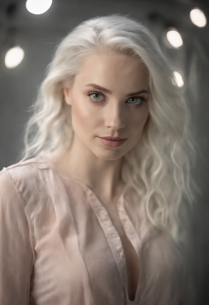 Professional, ((full body view)), (Girl, 28 years, 4’10”tall, extremely thin, tiny body, bold, sharp, exotic makeup designed, pale skin, blonde, bulging veins and neck bones, glow blue lipsticks, neon eyeliner, green eyeshadows), (neutral expression), (best quality:1.5), (perfect detailed:1.5), (sharp green eyes), (perfect hair), (((Photorealistic:1.5))), (creative), (silver bright hair, freckles, matte makeup), (sharp white lights illuminating the face), bokeh effect, raw, white wall background, soft ambient lights, neon pink lights from the ceiling
