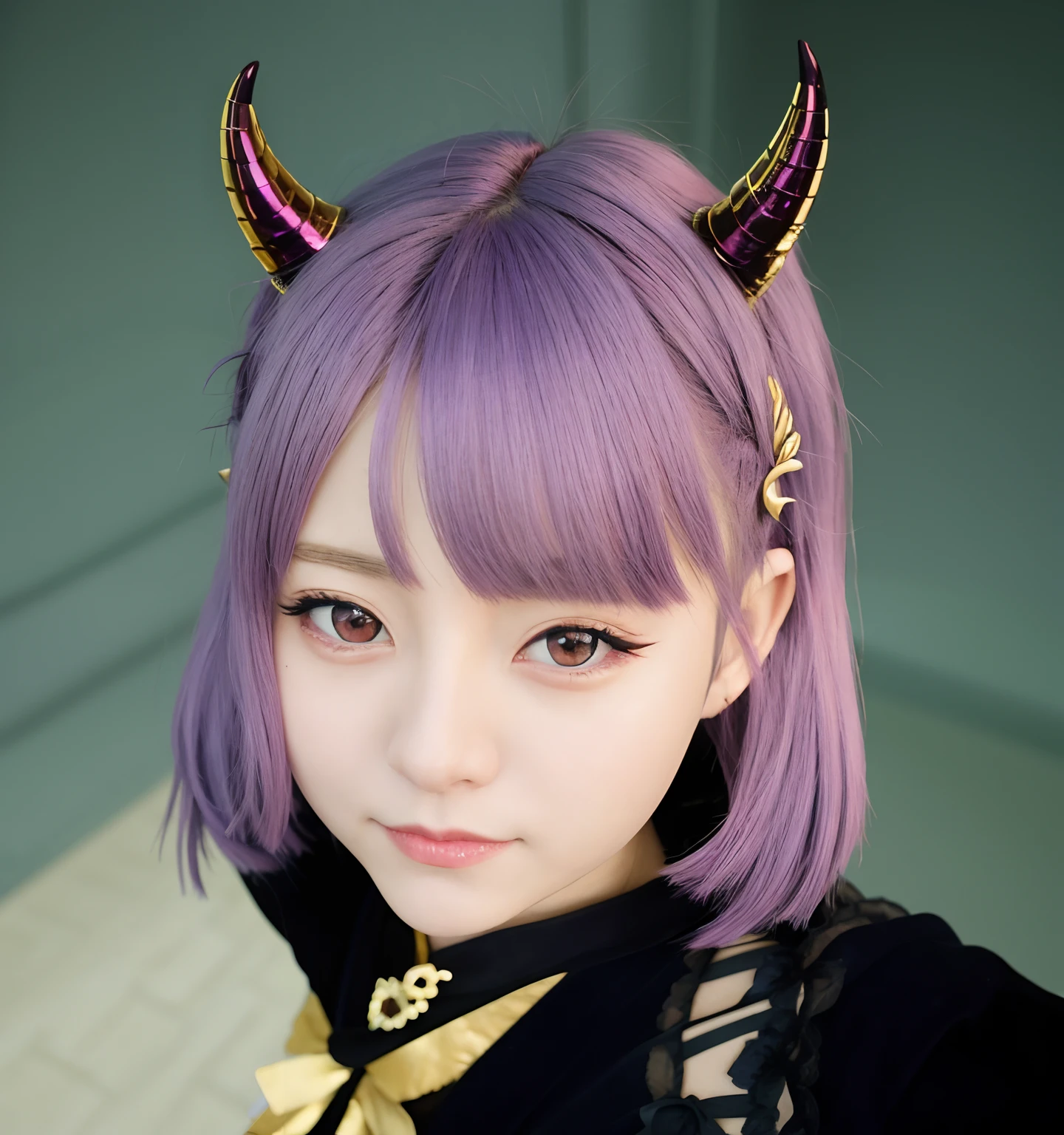 anime girl with purple hair and horns posing for a picture, mika kurai demon, with very highly detailed,