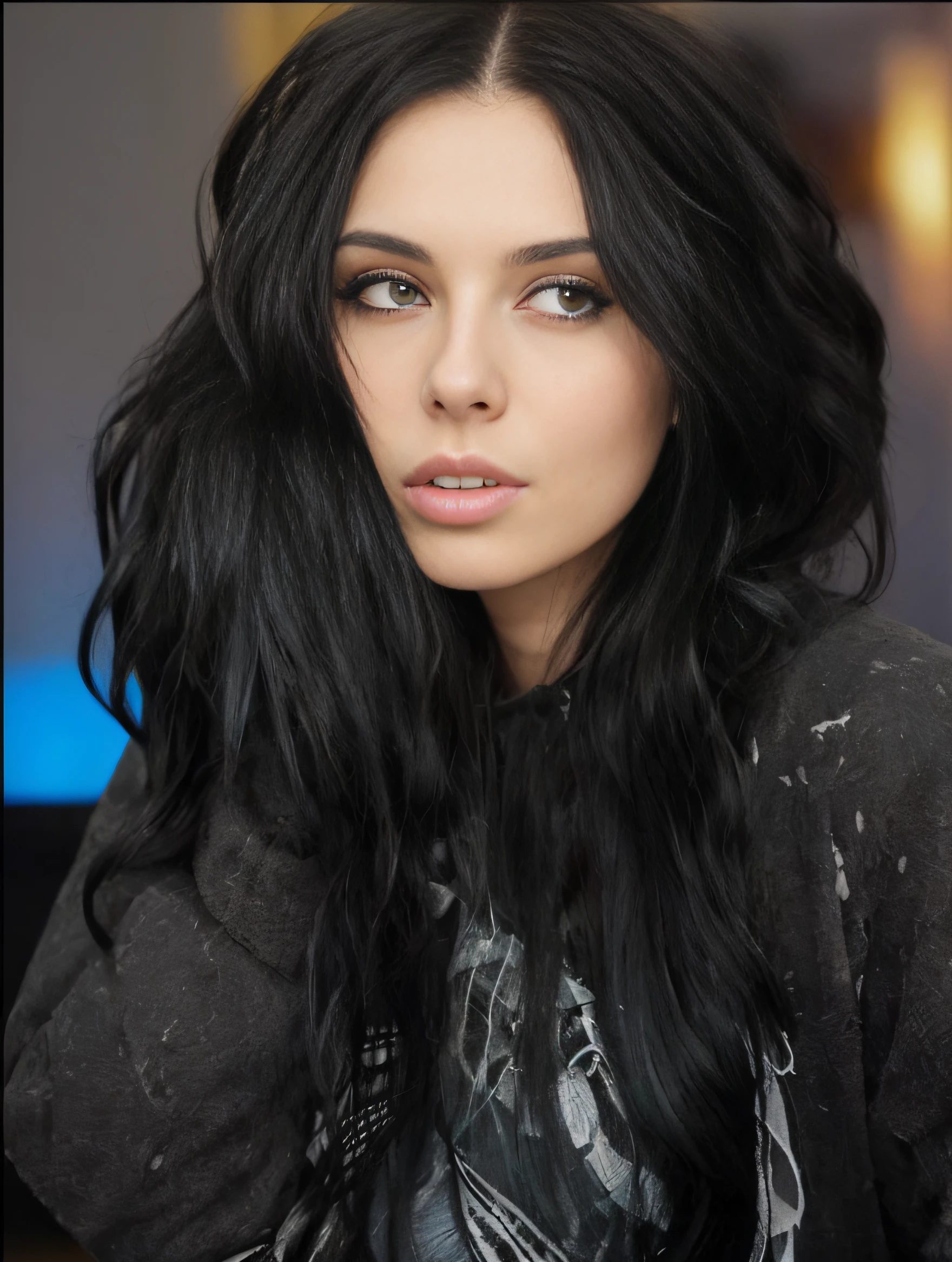 Arafed woman with long black hair and white jacket, black hair and large eyes, mit schwarzen Haaren, Sie hat schwarze Haare, Anna Nikolanova alias Newmilky, Langes schwarzes Haar und langes, gewelltes Haar, gewelltes schwarzes Haar, dunkles schwarzes Haar, Tiefschwarzes Haar, von der Schwarzen, Luscious black hair, Beautiful black hair, Anastassija Owtschinnikowa, Insektenaugen, largeeyes