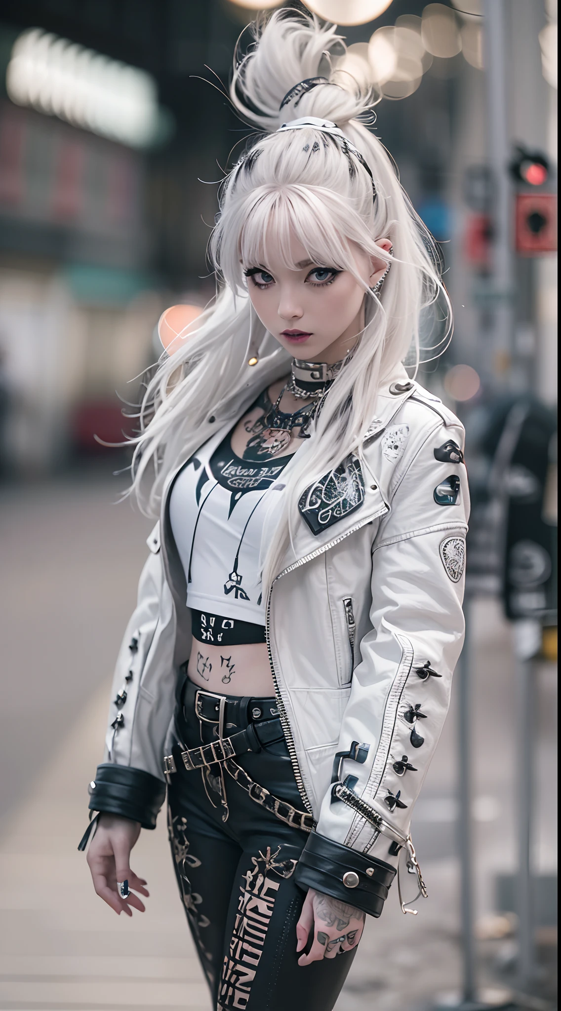 The prompts for the first theme are as follows:
"(Best Quality, 8K, 32K, masutepiece:1.3), Ultra-detailed, (Photorealistic:1.4), white colors, albino, Punk Girl, Detailed eyes, Upper body, Luxurious punk hair, Edgy punk fashion, Avant-garde makeup, Numerous piercings, Heavily tattooed body, Street background, Backlight effect, Shallow depth of field, Blurry background"