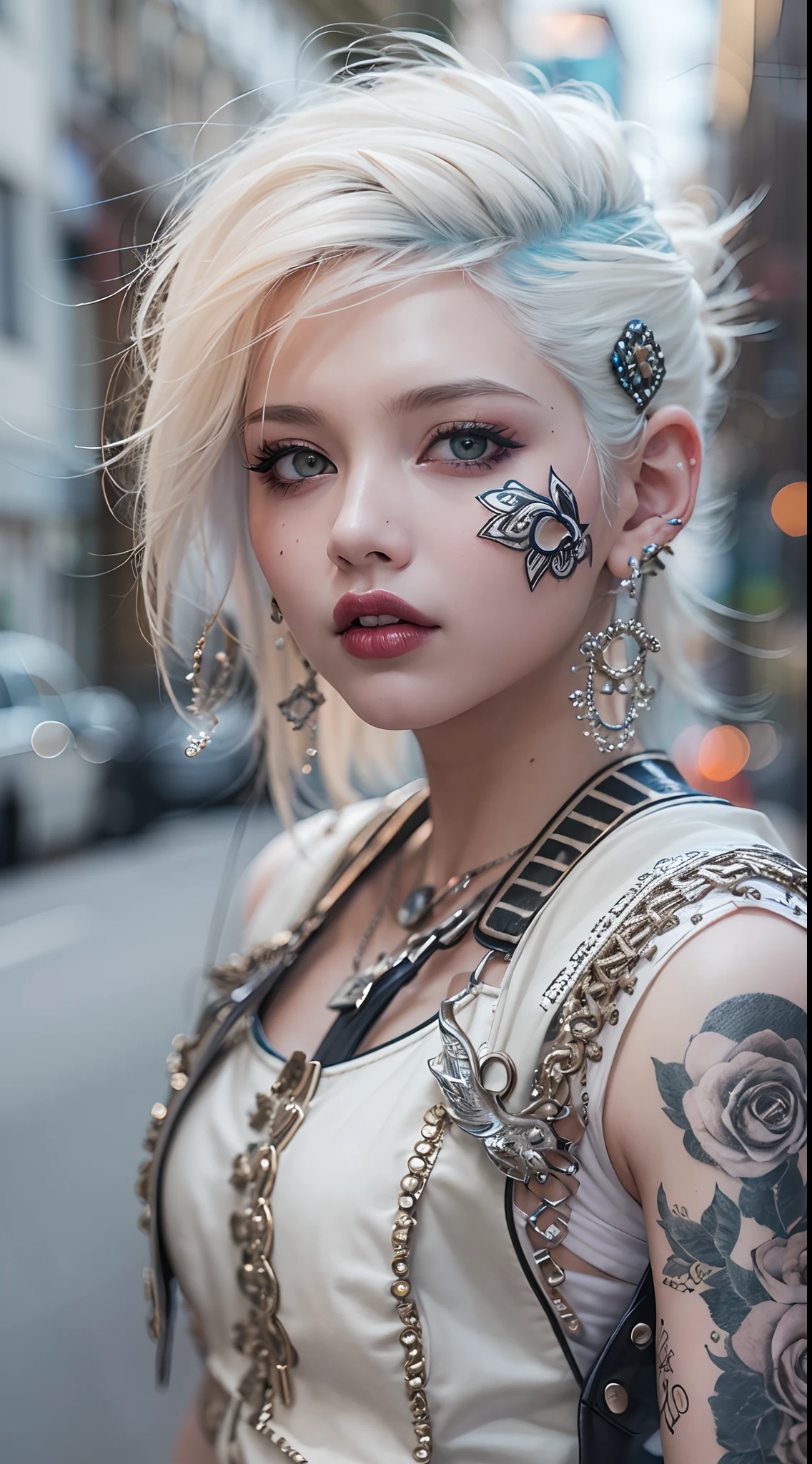 The prompts for the first theme are as follows:
"(Best Quality, 8K, 32K, masutepiece:1.3), Ultra-detailed, (Photorealistic:1.4), white colors, albino, Punk Girl, Detailed eyes, Upper body, Luxurious punk hair, Edgy punk fashion, Avant-garde makeup, Numerous piercings, Heavily tattooed body, Street background, Backlight effect, Shallow depth of field, Blurry background"