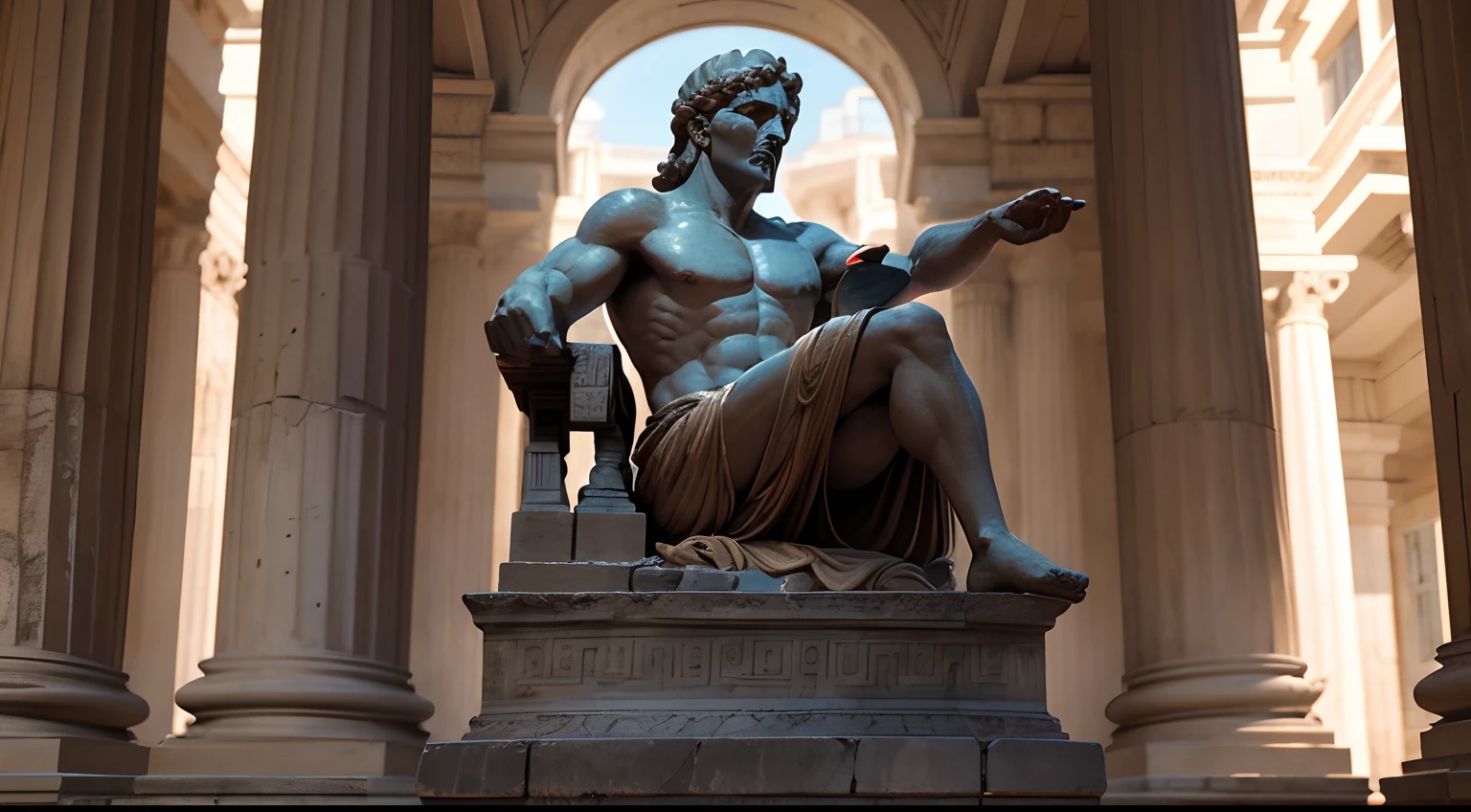 Ancient Greek statue with angry expression, Outside, com rosto extremamente detalhado full body view, Colors with low saturation with dark tone, Filmado em Sony A7S III com Sony FE 35mm f/1.8, 12.1 MP, --AR 3:2 --estilo cru