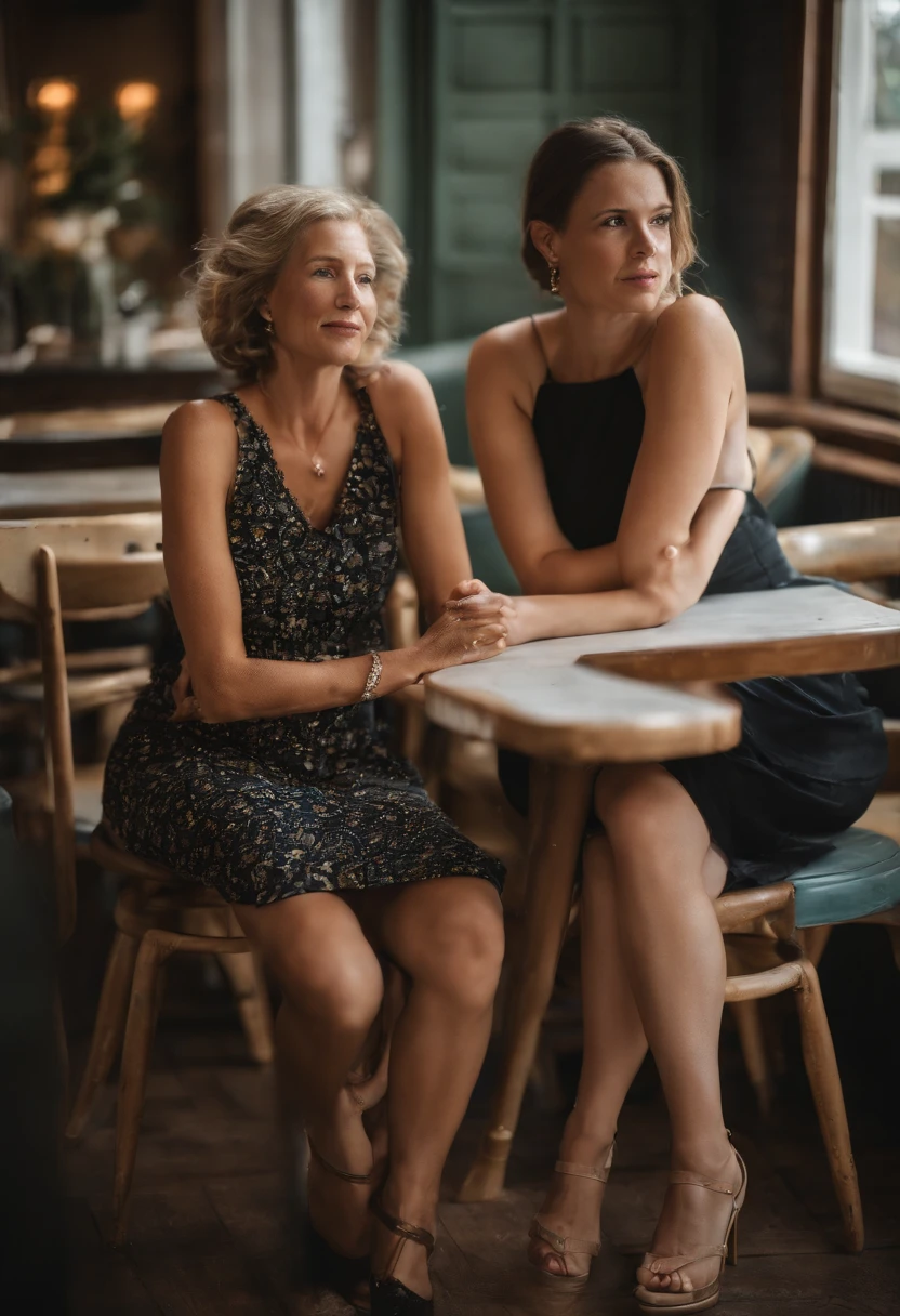 A girl wearing high heeled sandals and a very short dress, with her mother, 30 years old with similar outfit, sitting on a restaurant table. Full body shot