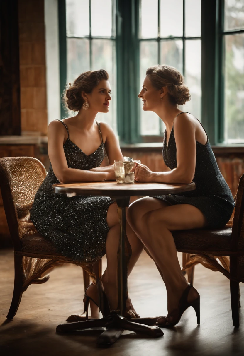A girl wearing high heeled sandals and a very short dress, with her mother, 30 years old with similar outfit, sitting on a restaurant table. Full body shot