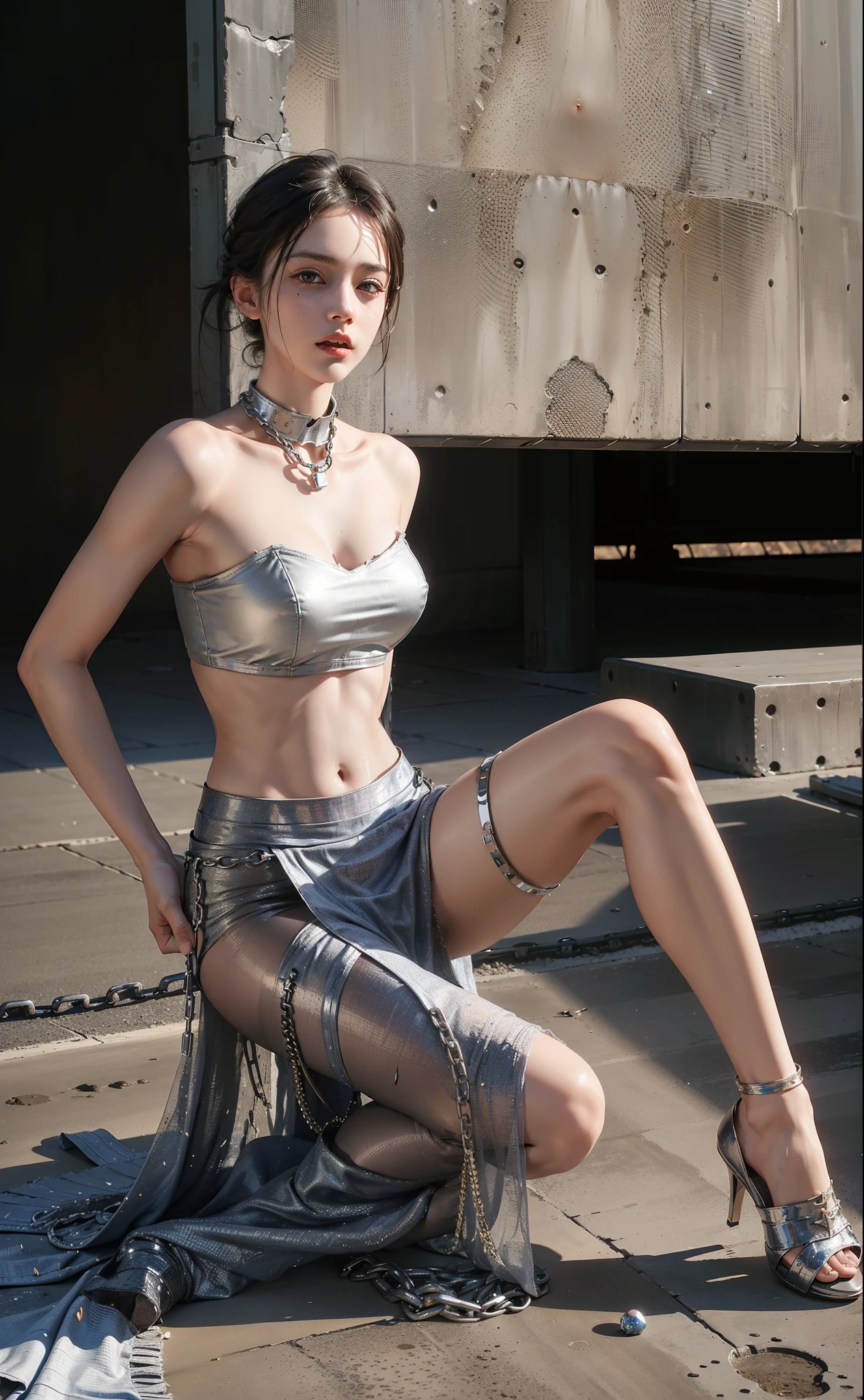 ,((Wearing a torn sheer costume of a superheroine)),(, No bra)), Wet crotch, Wet thighs, Beautiful girl with accentuated slender abs: 1.4, (((nipple tips protruding, areola is protruding, The shape of the pubic region is clearly visible)), sixpack abs: 1.4, Bust Botox, Photo, Sharpness, Unique 850 4, Koda850 k portrait camera, F1.6 shots, Ultra-realistic textures, Spectacular light textures, Cinestil 800 Fashion Mechanics, (futuristic sci-fi battle fashion: 1.1), (tied perfectly by chain), Restraint, Slaves, collars, ((wide prison with sunlight)), Dark fantasy, Realistic material details, extreme hight detail, Ultra-realistic materials ((Torn costume))), Wet, Cloudy, (Chained)), ((big emphasized by chains)), ((chains digging into crotch)), ( (Collar)), (, No bra), shredded costumes, broken golden shields and battle spears,, White combat gloves, Combat shoulder armor, Blood splattered on the face, Blood splattered, Realistic, (Bruises, Dirty, ripped clothing, skimpy clothing, Blood: 1.3), Torn Cape, Torn pantyhose, Long legs, ((iron pipe in the crotch)), Metallic shackles and fetters, ((chains hung from heaven)), Wet crotch is clearly visible, Swarovski's sword and the anatomy beneath his feet, (futuristic sci-fi battle fashion, Torn mesh stockings),