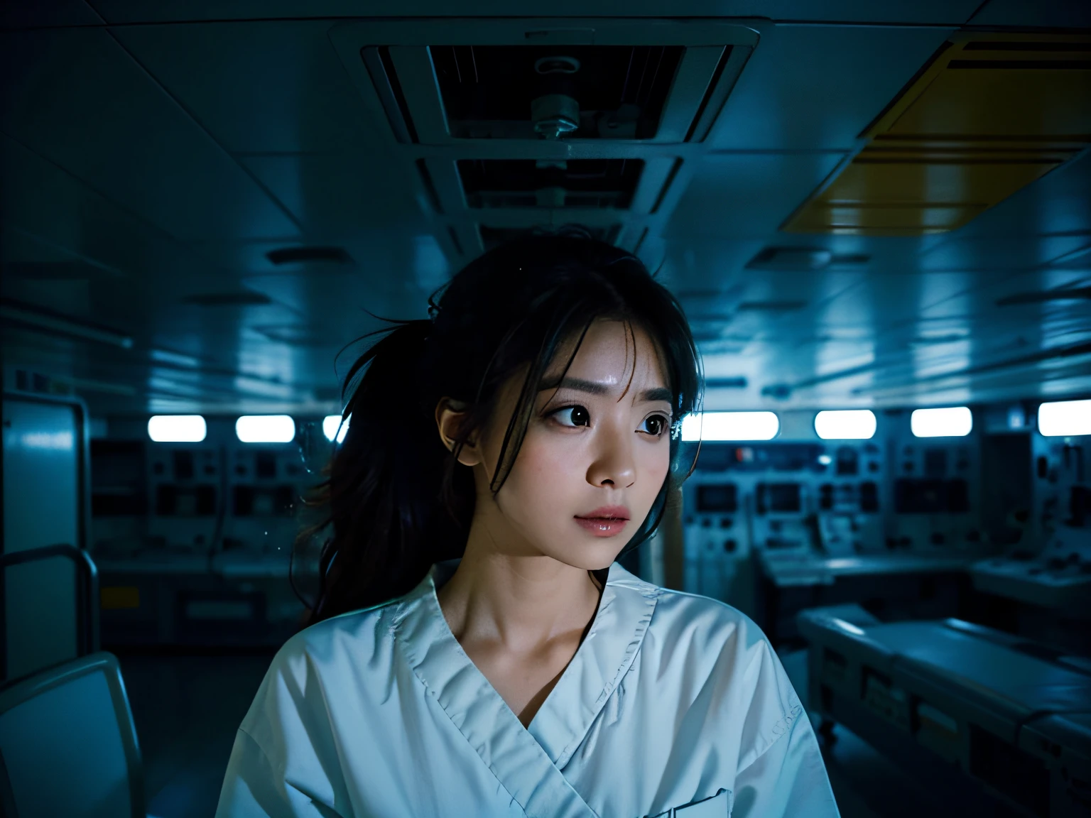 photography, gonzo editorial, gorgeous woman, space station, hospital style