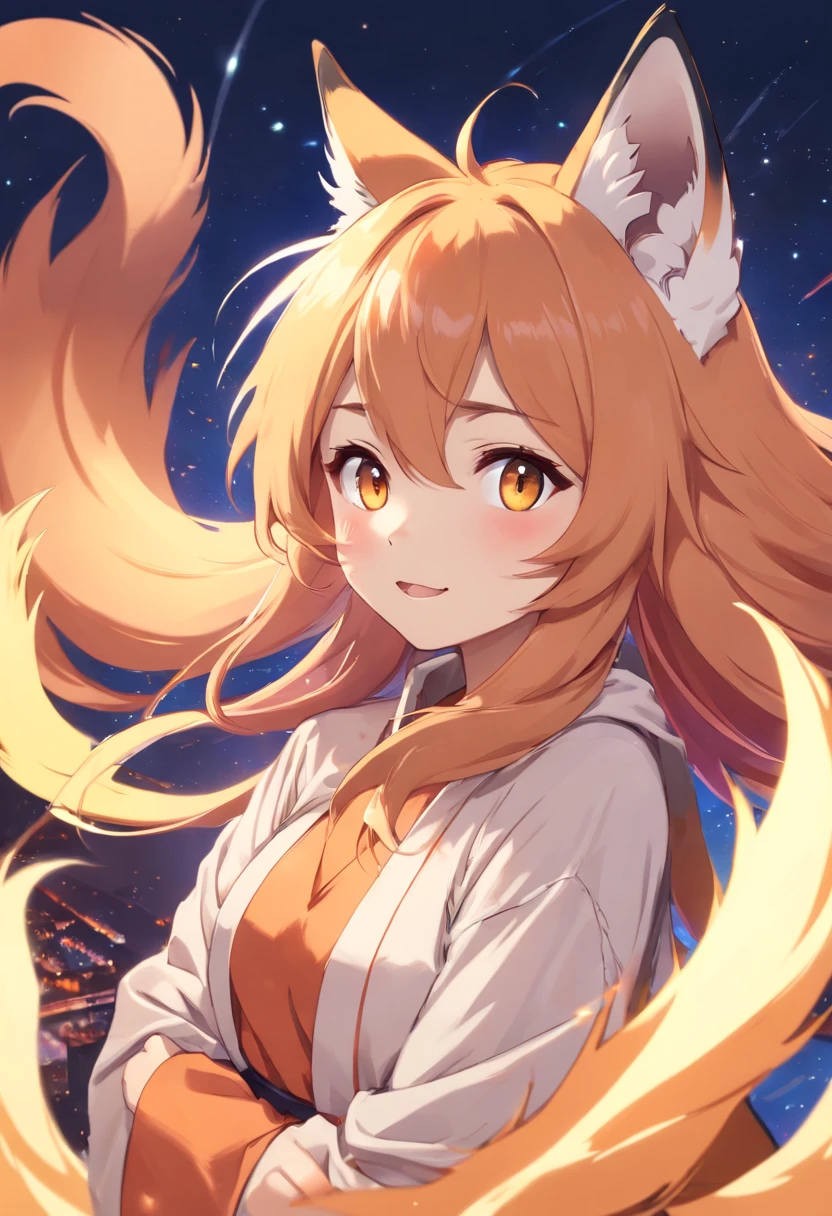 Absurd res, (((Kitsune, fluffy chest, cheek tufts, Fox eyes, Facial expression: Awe, wonder, Happy))), ridiculous resolution, high resolution, (masterpiece:1.4), super detailed, hijab, black hijab, white shirt, seen from above, space, floating, , happy tones, Vibrant tones, cheery tones --v 6