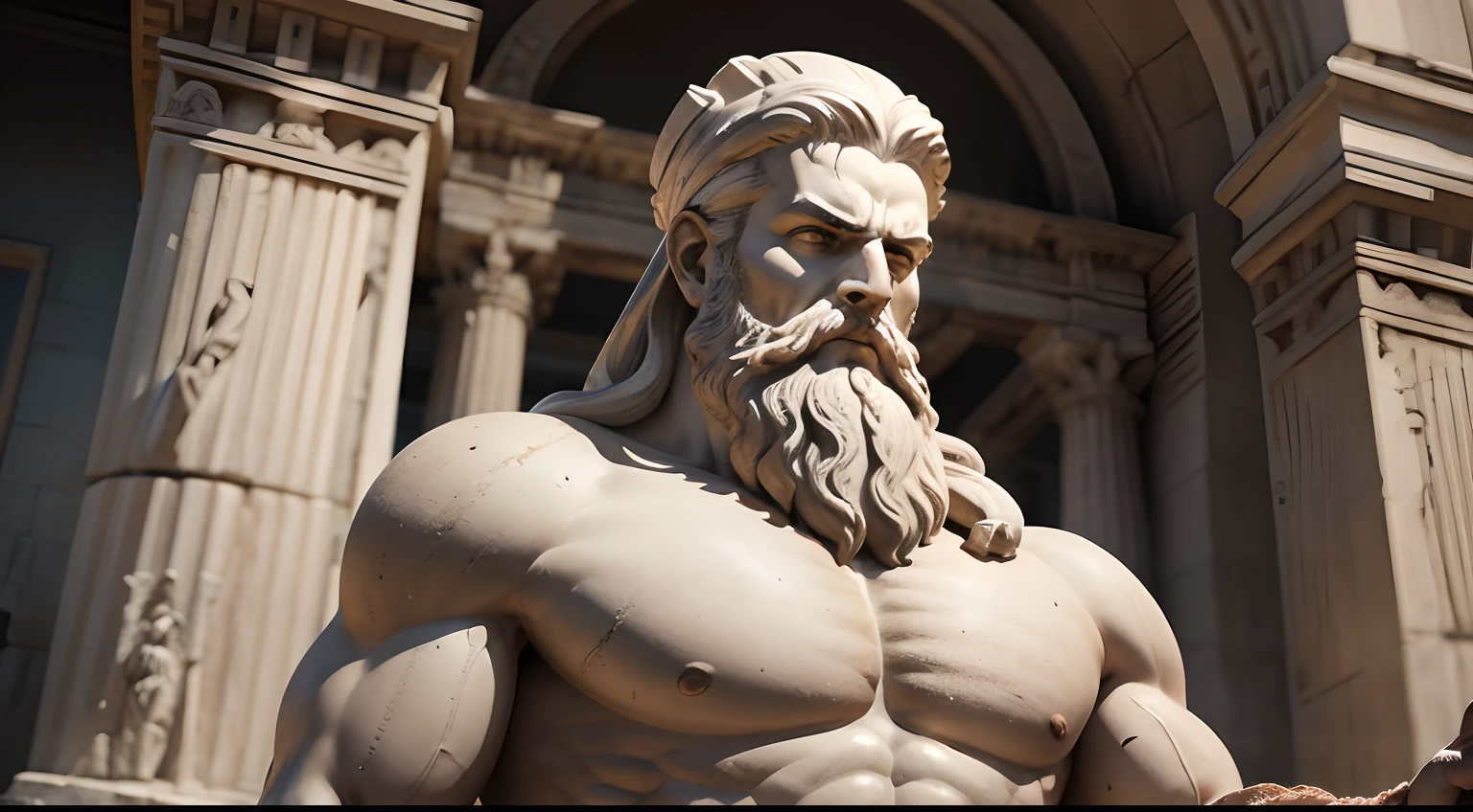 Ancient Greek statue with angry expression, has beard, a lot details in both eyes, Outside, com rosto extremamente detalhado full body view, Colors with low saturation with dark tone, Filmado em Sony A7S III com Sony FE 35mm f/1.8, 12.1 MP, --AR 3:2 --estilo cru