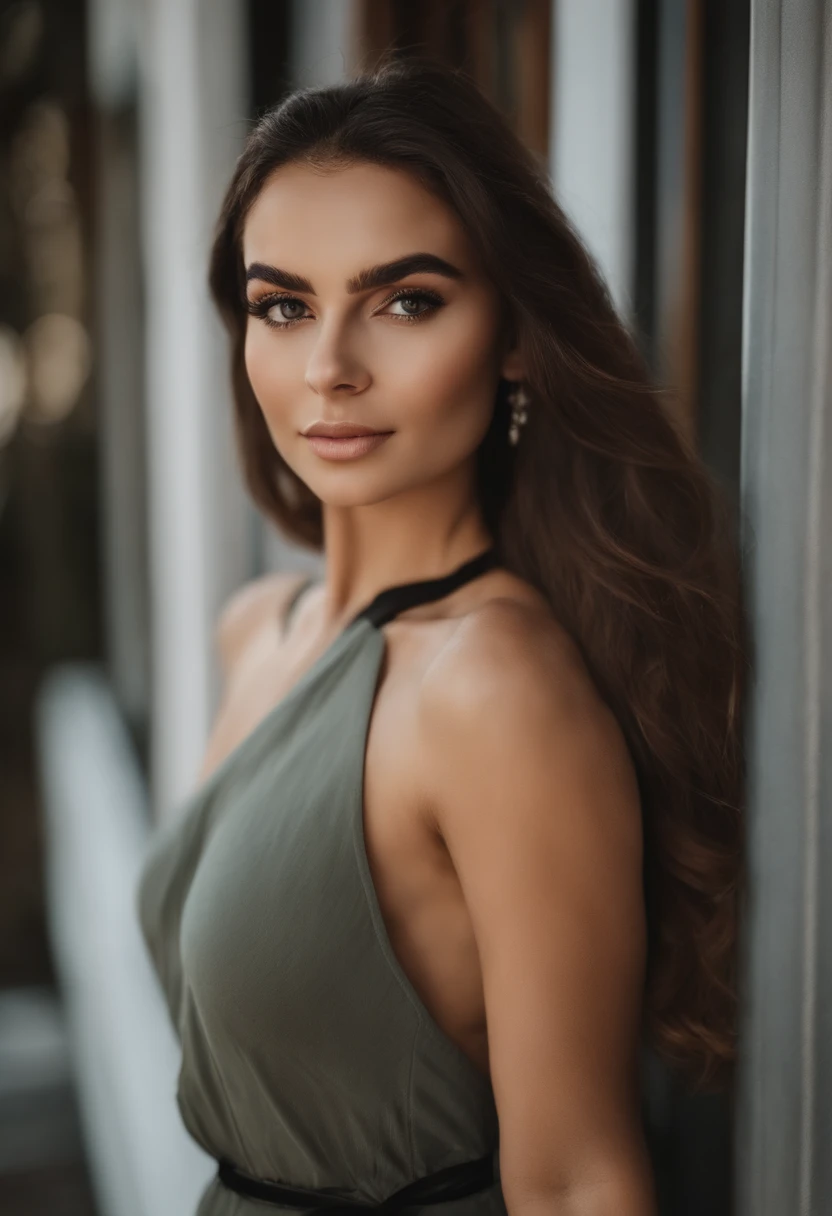mulher arafed com uma regata branca e um colar, em um bar, com olhos castanhos claros, Retrato Sophie Mudd, cabelos castanhos curtos e olhos grandes, selfie de uma jovem mulher, Olhos do quarto, Violeta Myers, sem maquiagem, maquiagem natural, Looking directly at the camera, Rosto com ArtGram, maquiagem sutil, Impressionante tiro de corpo inteiro, olhos verdes penetrantes, beautiful angle, pose atraente, menina bonise sexy, imagem de corpo inteiro, corpo inteiro, Tiro de corpo inteiro, Deusa morena, High detail, Pose satisfeita, usando saia cinza e botas, saia, Botas