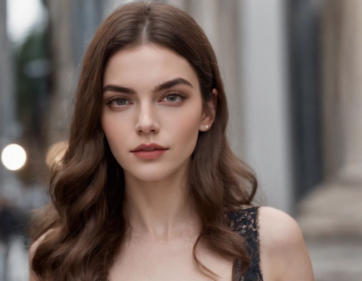 Photo of Spanish woman, ..RAW, beautiful woman, labios de fresa entreabiertos, con ojos marrones, ultra realista, enfocado, meticulosamente detallado, Retrato Sophie Mudd, Retrato Milla Jovovich, Retrato Liv Tyler, brown hair and large eyes, (extra long wavy brown hair), ((Cara detallada)), ((Detailed facial features)), (piel finamente detallada), Pale skin, (Escote profundo detallado vestido transparente profundo con escote en V),(hermoso pecho), ((tacones altos)), (Pose arrodillada en la calle),((Entorno de mega ciudad cyberpunk)), (cold colors), humid, humid, Reflexiones, (obra maestra) (perfect ratio)(foto realista)(La mejor calidad) (detallado) fotografiado con una EOS R5 de Canon, Muelle de 50 mm, f/1,8, HDR, (8k) (papel tapiz) (cinematic lighting) (Dramatic lighting) (foco nítido) (intrincado),((Looking at camera)),(Disparo de vaquero), SENTADA EN SOLO BIKINI DIMINUTO(1,2), cuerpo entero.