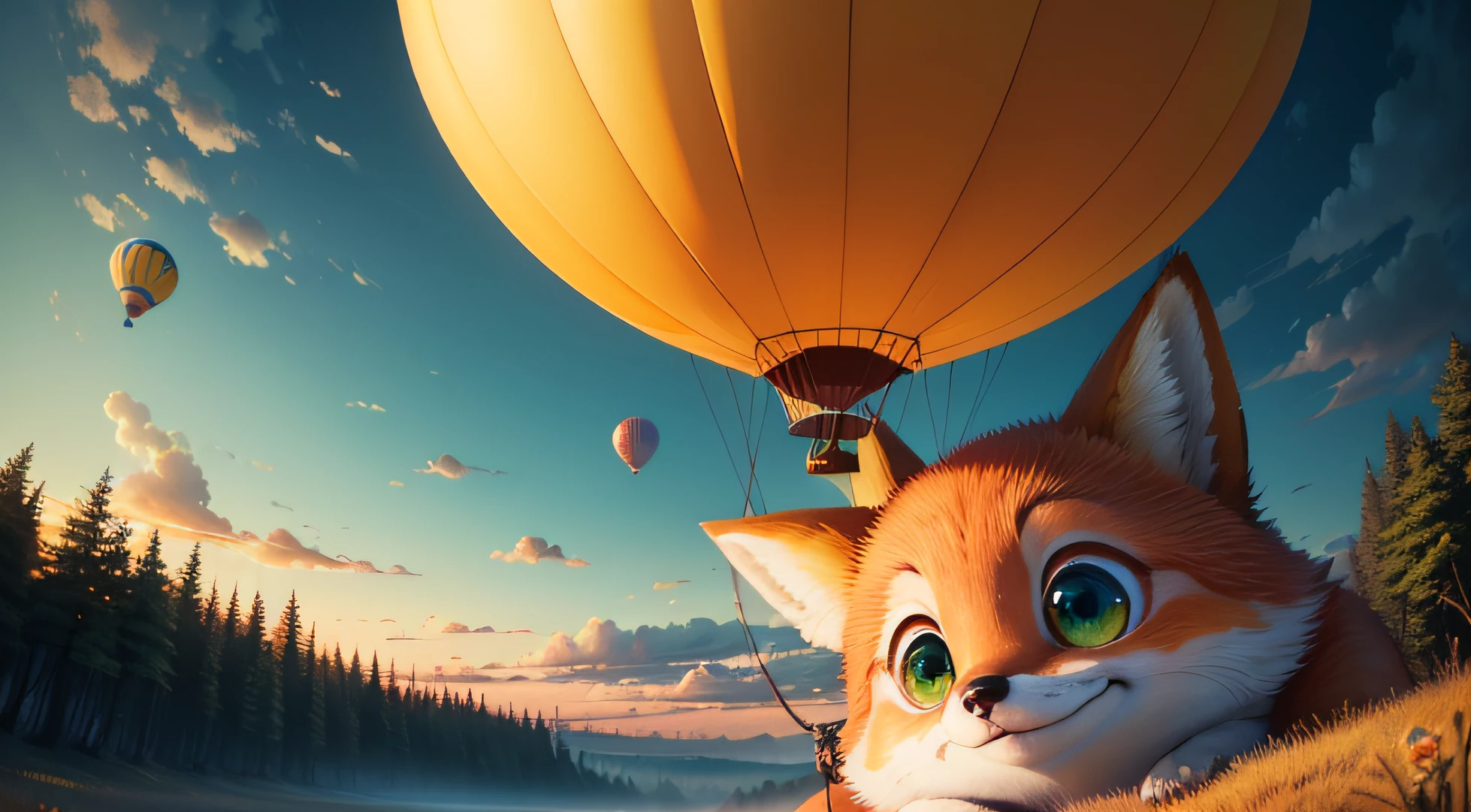 yellow air balloon on clearing forest, Close-up, Pixar Movie Style, cute fox in a balloon basket, big eyes, bright eyes, smiling, amazing sky, light day, clouds, amazing sunset, high quality, green grain ground, yellow air balloon