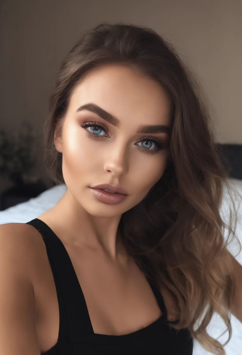 mulher arafed totalmente , com olhos azuis, ultra realistic, meticulosamente detalhado, Retrato Sophie Mudd, cabelos loiros e olhos grandes, selfie de uma jovem mulher, Olhos do quarto, Violeta Myers, sem maquiagem, maquiagem natural, Looking directly at the camera, Rosto com ArtGram, maquiagem sutil, impressionante tiro de corpo inteiro ajoelhado na cama, no quarto, medium to large bust; ; ;nu