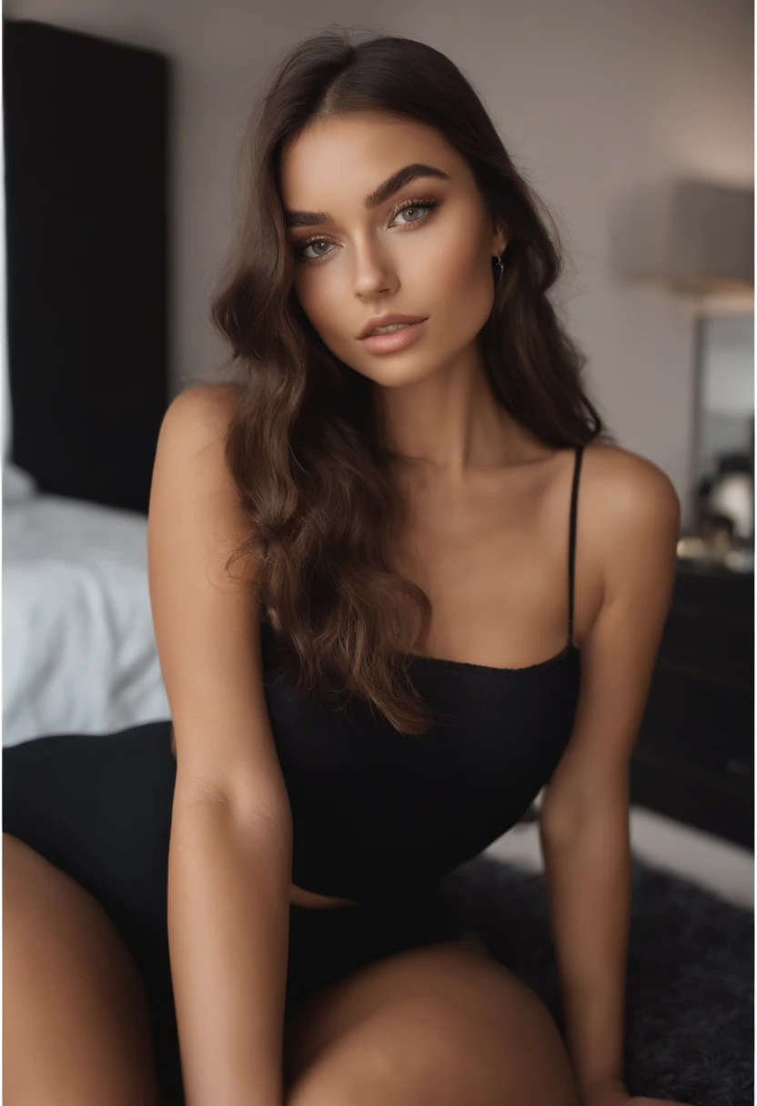 Arafed woman with black clothes, fille sexy aux yeux bruns, Portrait Sophie Mudd, cheveux bruns et grands yeux, selfie of a young woman, Yeux de chambre, Violet Myers, sans maquillage, maquillage naturel, looking straight at camera, Visage avec Artgram, Maquillage subtil, Superbe photo du corps entier, dans la chambre, clivage