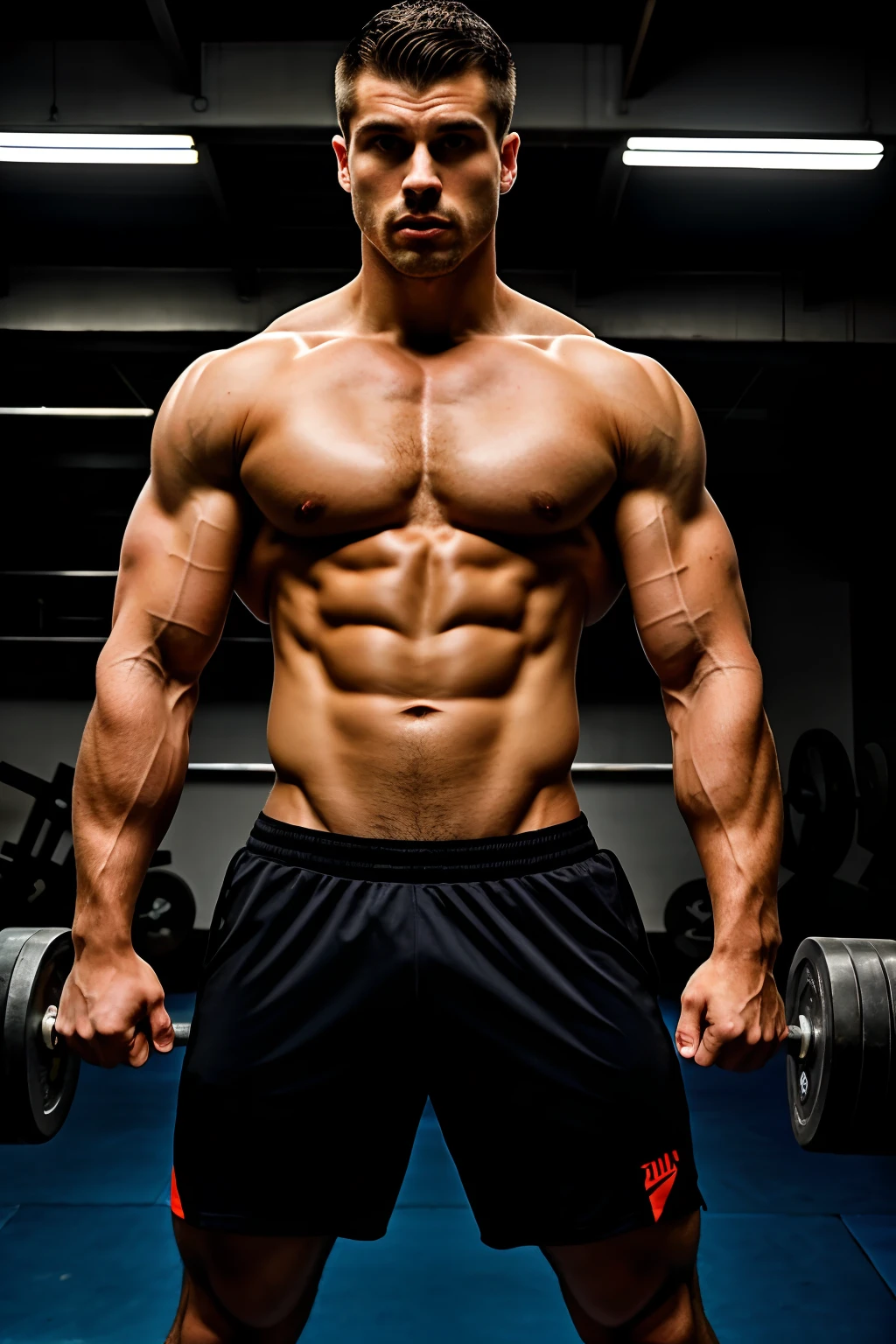 RAW photo, mid-shot of a 30-year-old man, medium lengte sidecuts dark hair, in athletic wear, flexing muscles against the backdrop of gym equipment, intense, focused expression, high-contrast lighting emphasizing muscle definition, dynamic shadows cast by weights and machinery. Color photo