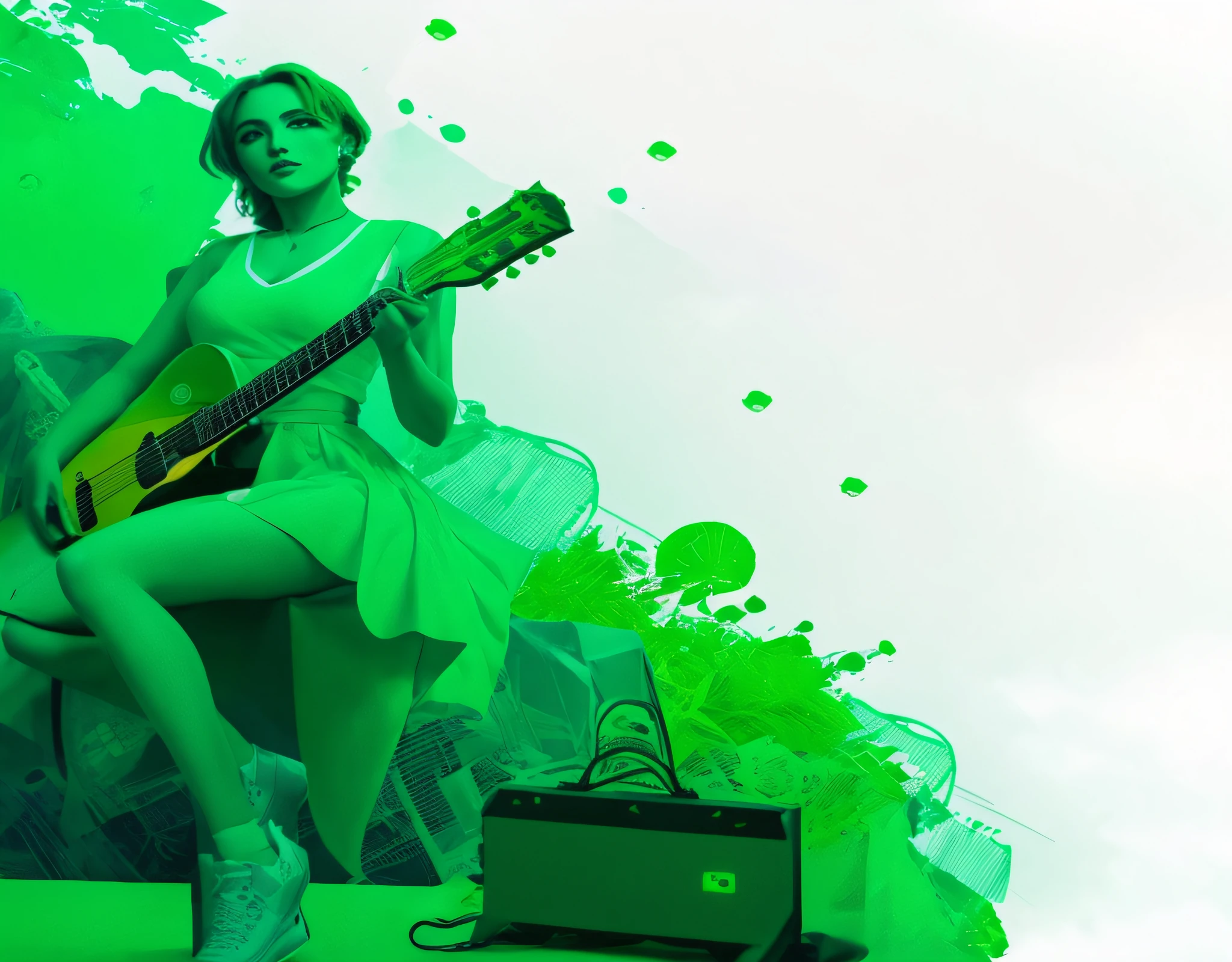 There's a woman sitting in a chair with a guitar, tom verde, Arte Promocional, tons verdes, Imagem promocional da NVIDIA, promotional render, mulheres tocando guitarra, the girl plays the guitar, Imagem promocional, Tema Verde, advertising photo, luz ambiente verde, Cores verdes, compositing, tonalidade verde, Fanart, tela verde, luz verde do concerto, roupas verdes, neon verde