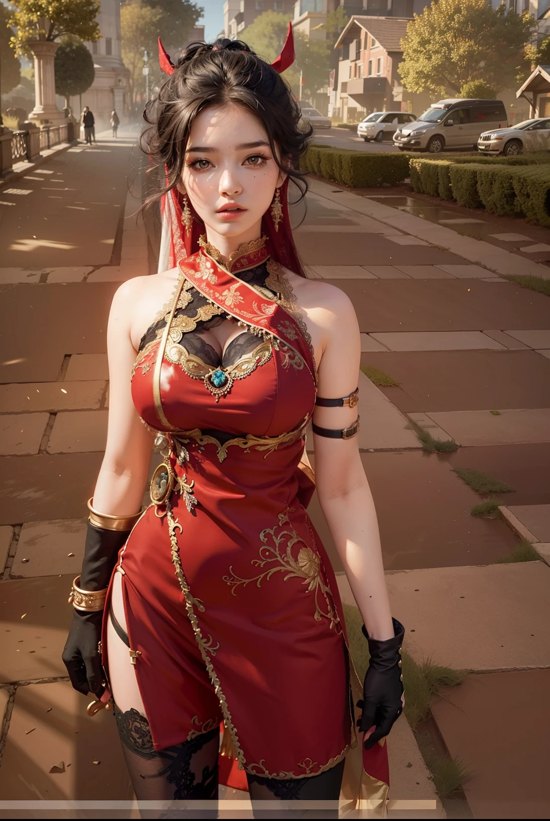 Best quality, masterpiece, big boobs, (large breasts), detailed skin texture, detailed cloth texture, detailed face, super detail, 8k, intricate detail, 1girl, red black hair