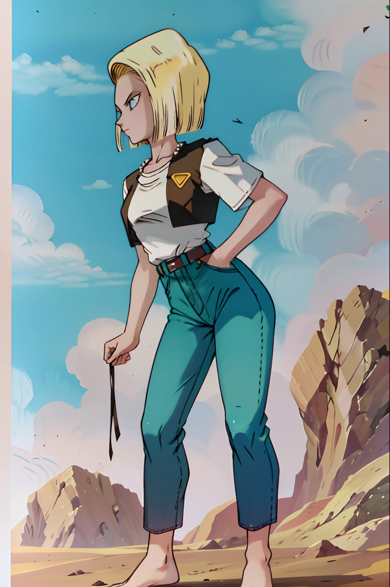 melhor qualidade, highes definition, E18, 1girl, Android 18, sozinho, cabelo loiro, olhos azuis, cinto, jeans, pearl_colar, pulseira, luvas pretas, decote, camisa branca, cabelo curto, mangas curtas, brincos, blue pants, colete aberto, colete preto, seios grandes, quadris largos, neste, pernas separadas, Cidade, (roupas rasgadas: 1.5), Erotic, standingn, no expression, corpo todo, lateralmente, perfil lateral, de lateral, corpo inteiro, standing on her feet, From head to toe, mostrando o corpo inteiro,