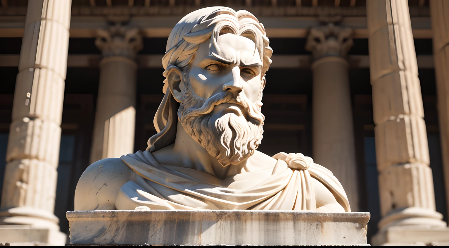 Ancient Greek statue with angry expression, has beard, a lot details in both eyes, Outside, com rosto extremamente detalhado full body view, Colors with low saturation with dark tone, Filmado em Sony A7S III com Sony FE 35mm f/1.8, 12.1 MP, --AR 3:2 --estilo cru