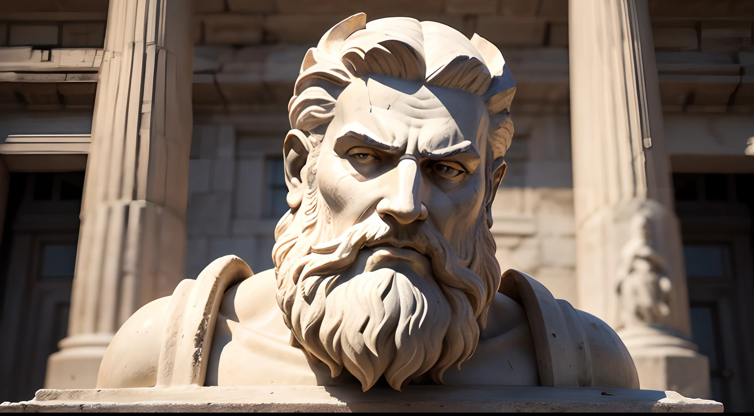 Ancient Greek statue with angry expression, has beard, a lot details in both eyes, Outside, com rosto extremamente detalhado full body view, Colors with low saturation with dark tone, Filmado em Sony A7S III com Sony FE 35mm f/1.8, 12.1 MP, --AR 3:2 --estilo cru