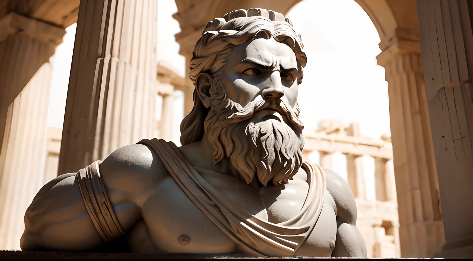 Ancient Greek statue with angry expression, has beard, a lot details in both eyes, Outside, full body view, Colors with low saturation with dark tone, Filmado em Sony A7S III com Sony FE 35mm f/1.8, 12.1 MP, --AR 3:2 --estilo cru