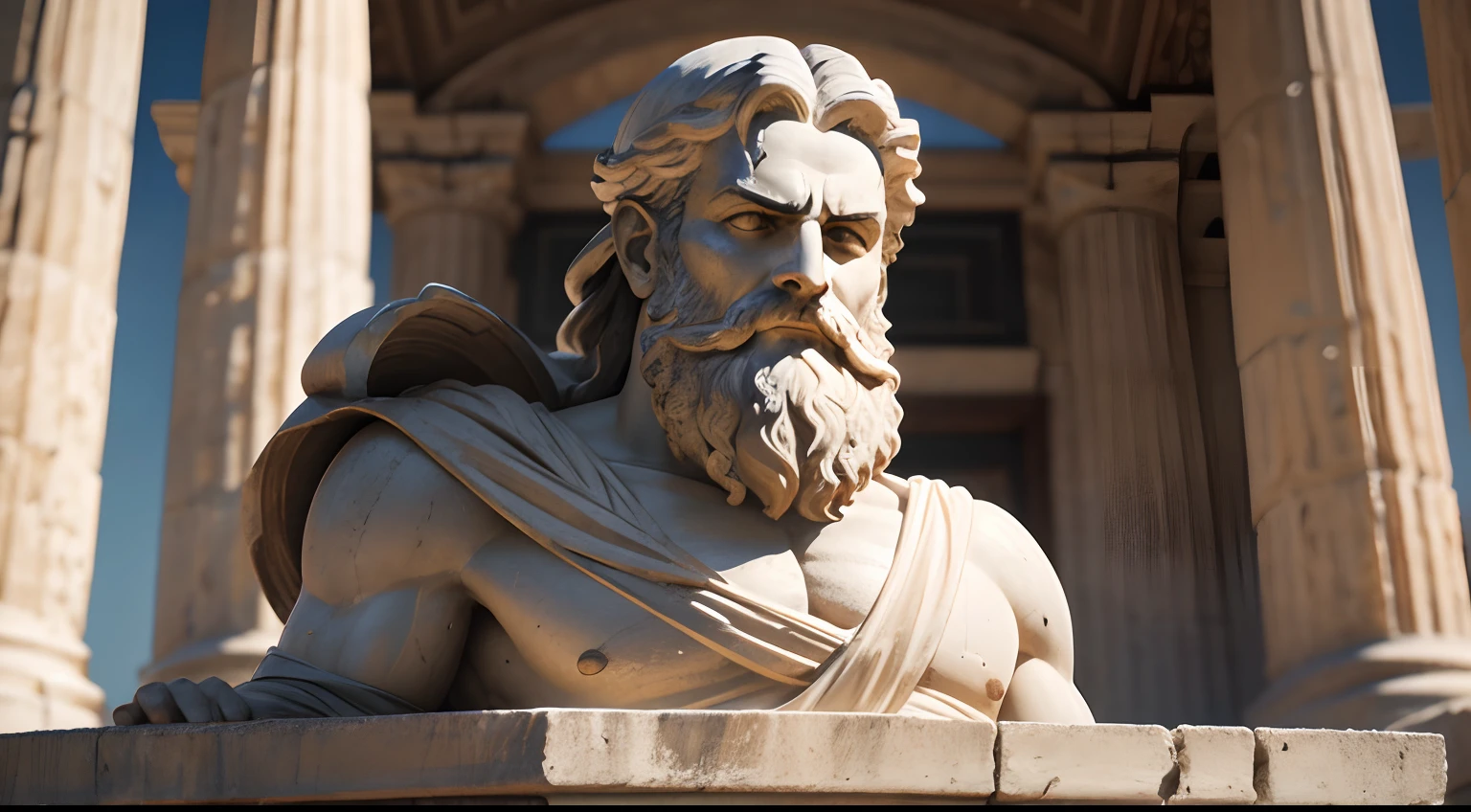 Ancient Greek statue with angry expression, has beard, a lot details in both eyes, Outside, full body view, Colors with low saturation with dark tone, Filmado em Sony A7S III com Sony FE 35mm f/1.8, 12.1 MP, --AR 3:2 --estilo cru