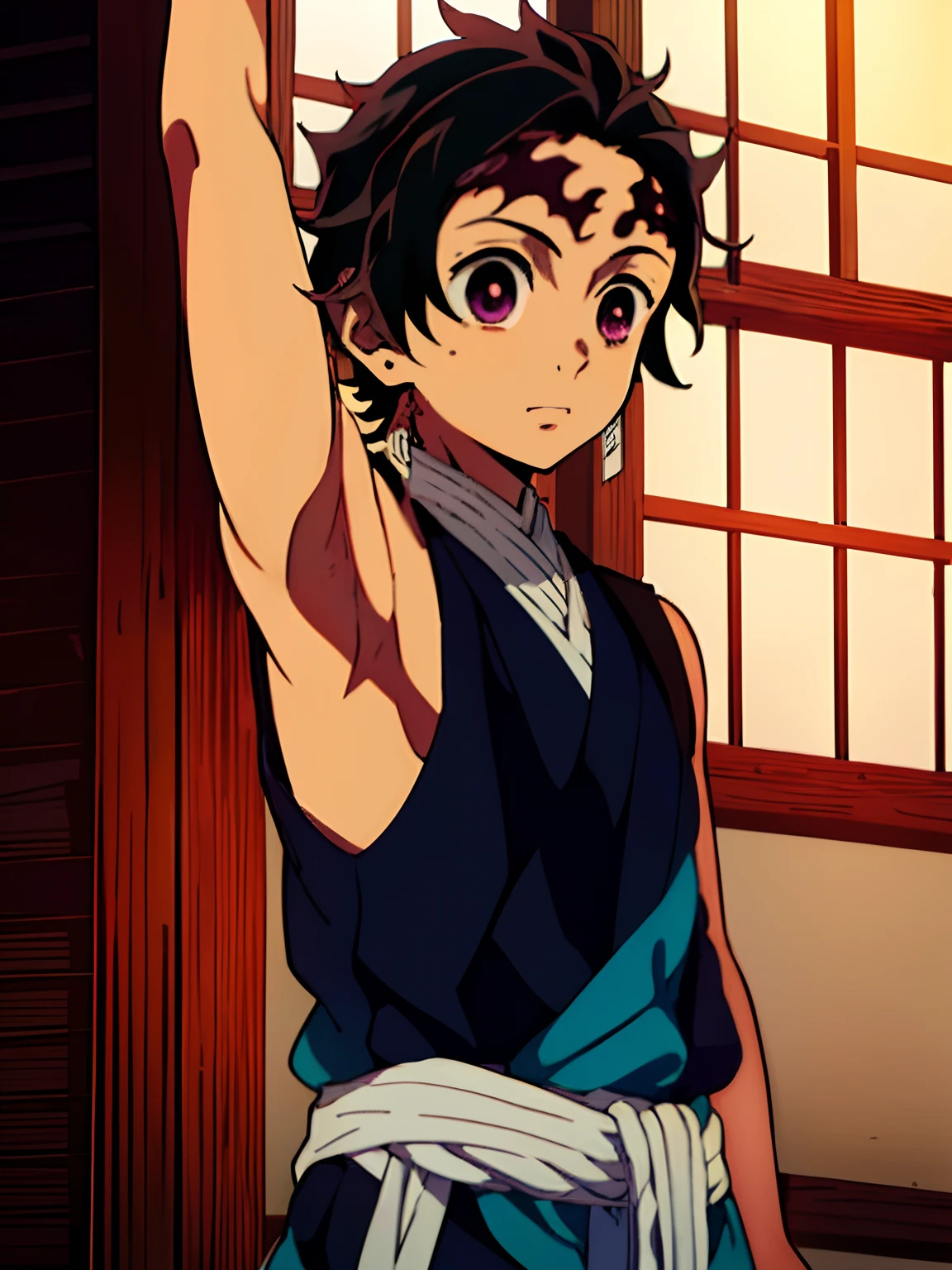 1boy masterpiece, Kamado Tanjiro from Demon Slayer, the day, gazing at the sky, (showing armpit:1.3), tank top, without clothes, upper body, body only, ray tracing, best color