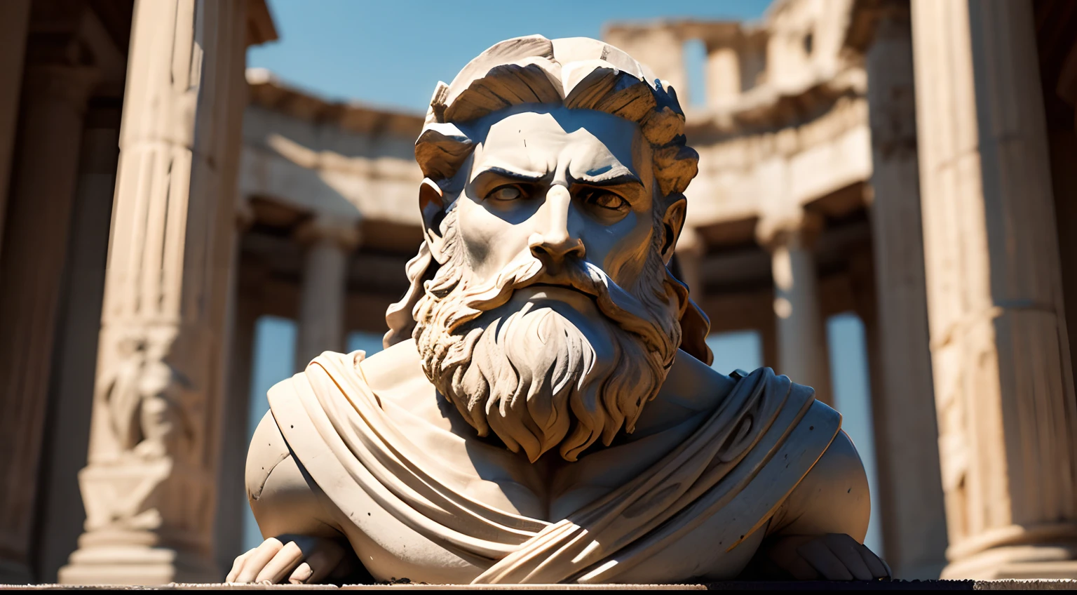 Ancient Greek statue with angry expression, has beard, a lot details in both eyes, Outside, com rosto extremamente detalhado full body view, Colors with low saturation with dark tone, Filmado em Sony A7S III com Sony FE 35mm f/1.8, 12.1 MP, --AR 3:2 --estilo cru