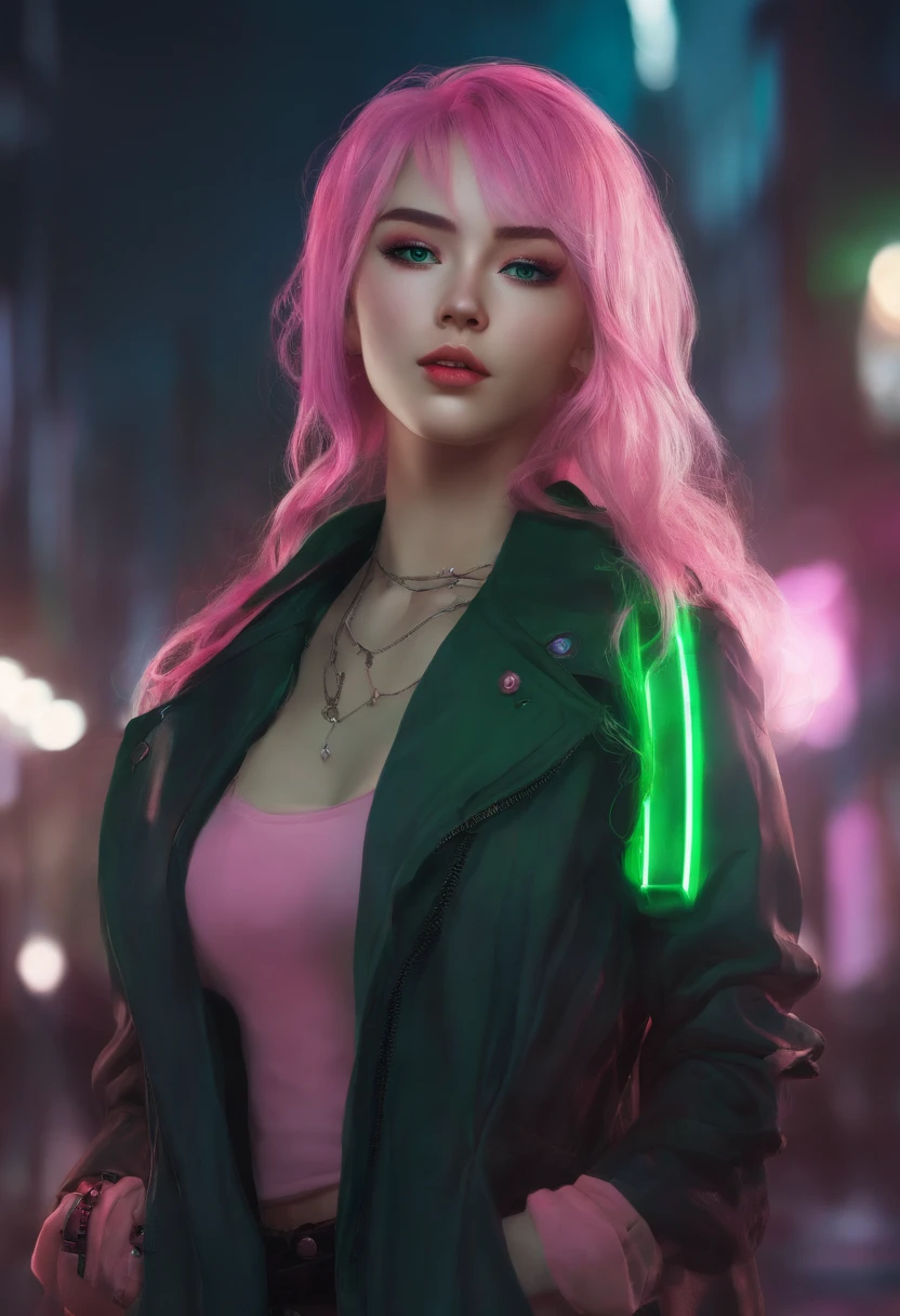 femme, realistic character, green hair with pink locks, yeux bleus, Anime, seul, moderne, Cyberpunk