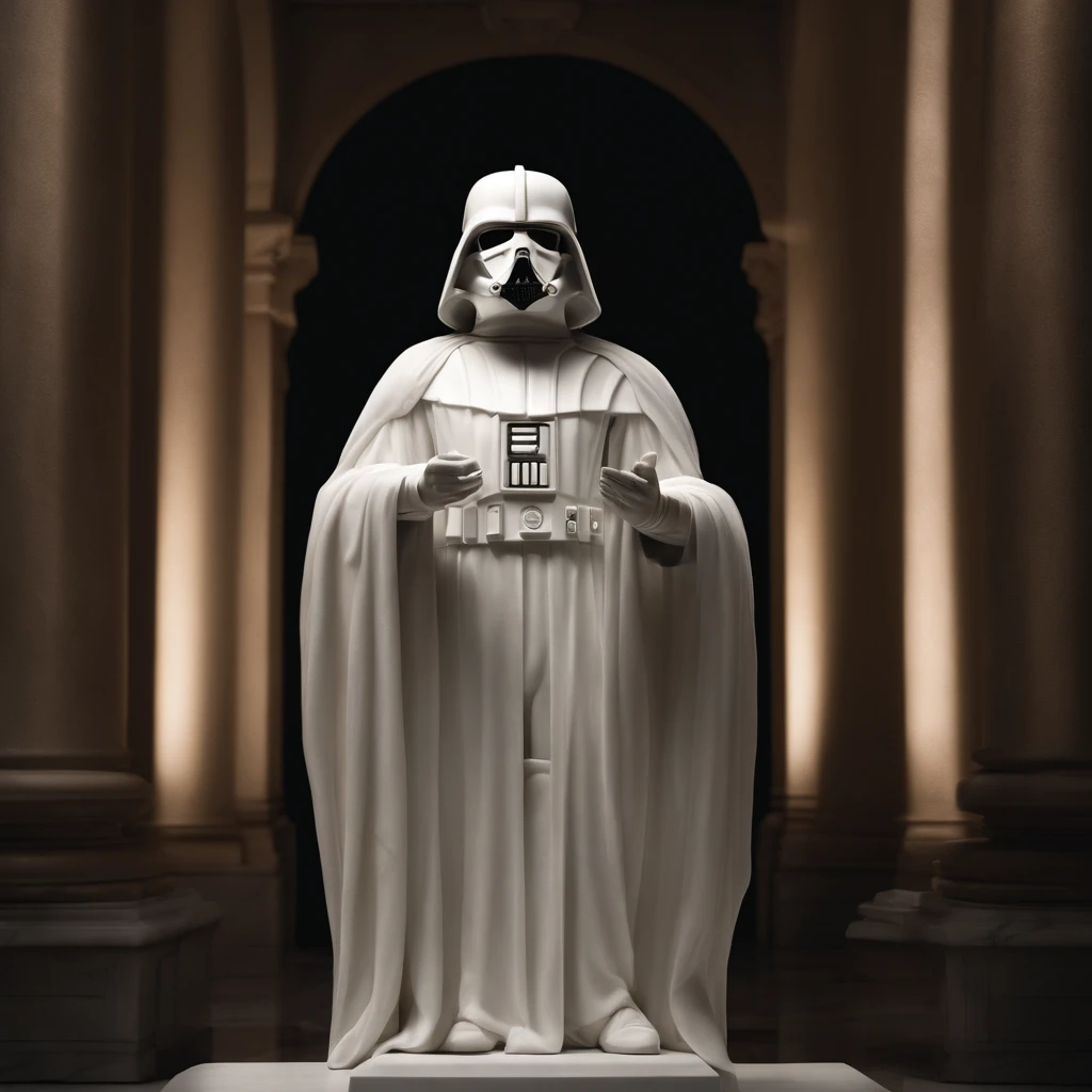 A realistic white marble statue from Star Wars, fundo neutro, Moody, , fotorrealista, Jantar de filme assustador, super detalhada, Hiper realista, luzes brilhantes, 8 mil