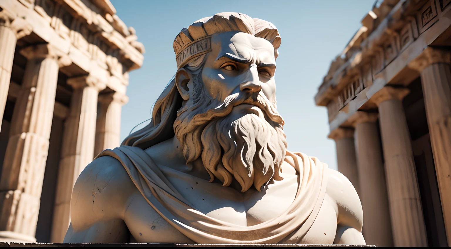 Ancient Greek statue with angry expression, has beard, a lot details in both eyes, Outside, com rosto extremamente detalhado full body point of view, Colors with low saturation with dark tone, Filmado em Sony A7S III com Sony FE 35mm f/1.8, 12.1 MP, --AR 3:2 --estilo cru