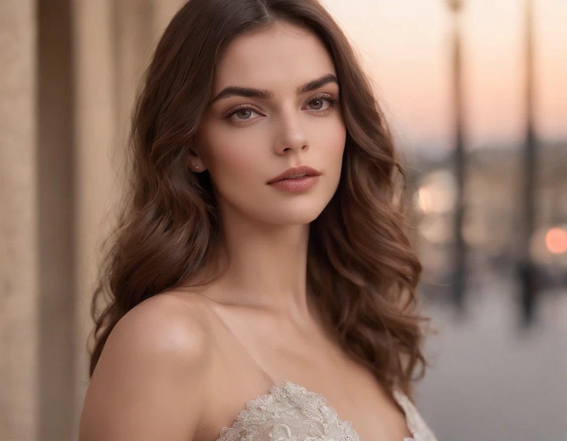 Photo of Spanish woman, ..RAW, beautiful woman, labios de fresa entreabiertos, con ojos marrones, ultra realista, enfocado, meticulosamente detallado, Retrato Sophie Mudd, Retrato Milla Jovovich, Retrato Liv Tyler, brown hair and large eyes, (extra long wavy brown hair), ((Cara detallada)), ((Detailed facial features)), (piel finamente detallada), Pale skin, (Escote profundo detallado vestido transparente profundo con escote en V),(hermoso pecho), ((tacones altos)), (Pose arrodillada en la calle), (cold colors), humid, humid, Reflexiones, (obra maestra) (perfect ratio)(foto realista)(La mejor calidad) (detallado) fotografiado con una EOS R5 de Canon, Muelle de 50 mm, f/1,8, HDR, (8k) (papel tapiz) (cinematic lighting) (Dramatic lighting) (foco nítido) (intrincado),((Looking at camera))