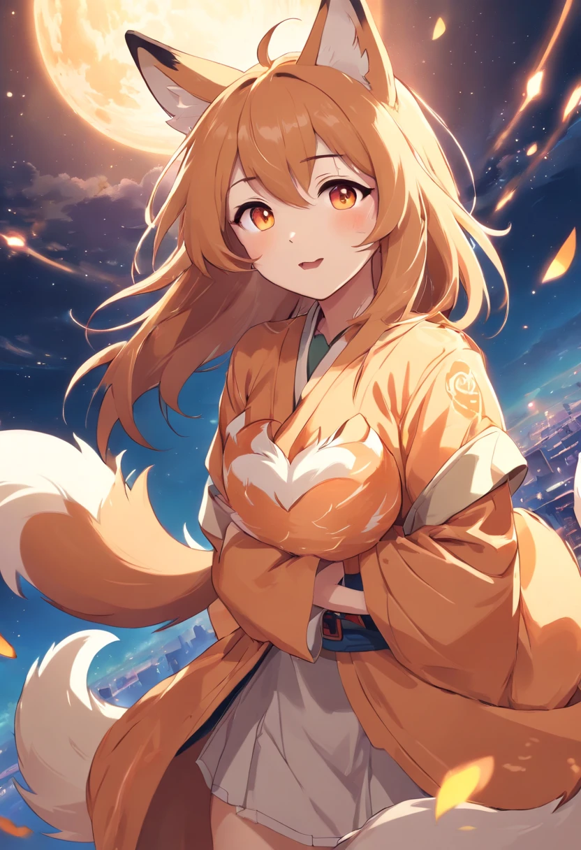 Absurd res, (((Kitsune, fluffy chest, cheek tufts, Fox eyes, Facial expression: Awe, wonder, Happy))), ridiculous resolution, high resolution, (masterpiece:1.4), super detailed, hijab, Kitsune robes, seen from above, Pinup, Full Body portrait, Dynamic view, breathtaking scenery, space, floating, , happy tones, Vibrant tones, cheery tones --v 6
