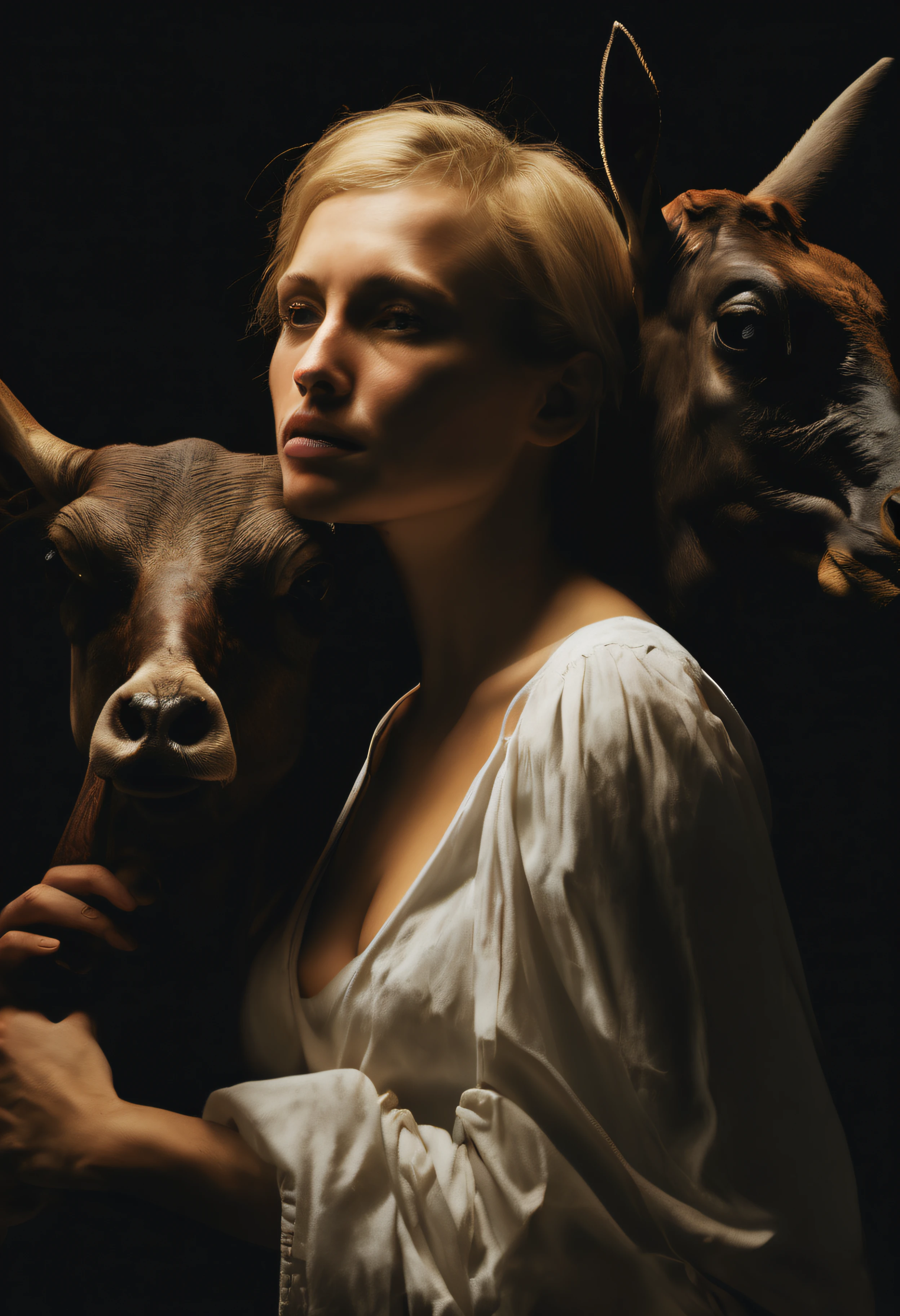 "(The best lighting, alto contraste, oscuro, dramatic),(Chica rubia junto a una cabra negra gigante, Open the rib cage, feto, autopsia, huesos humanos, sangre por las paredes). Luz Caravaggio"