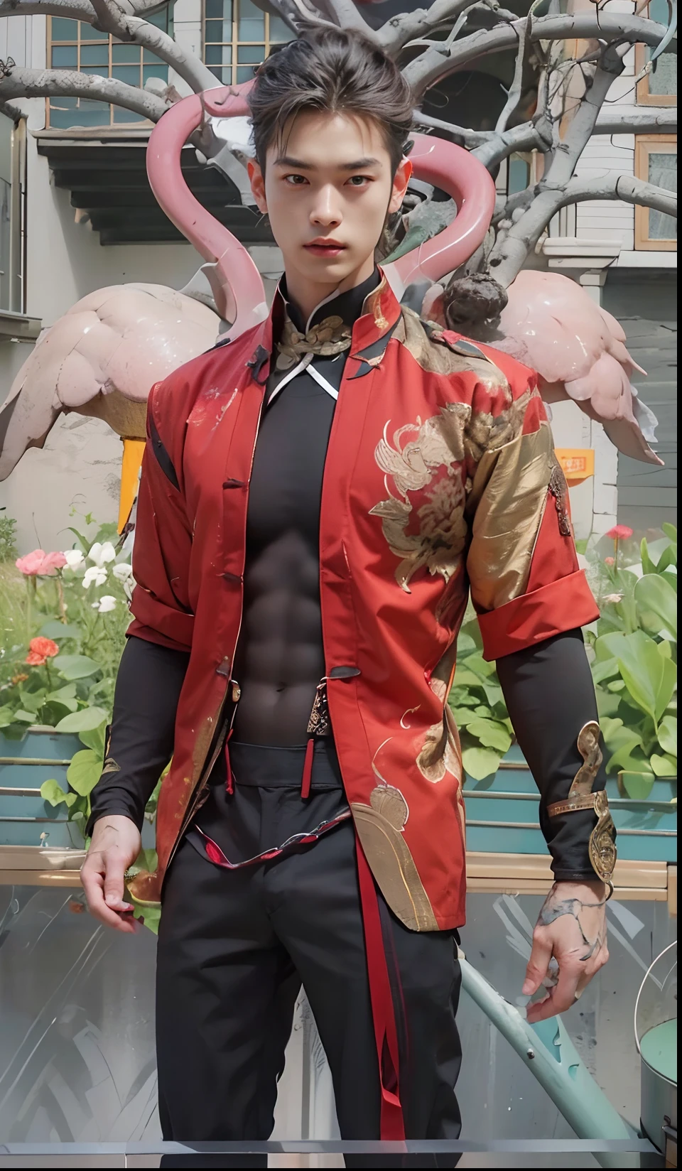 (photorealistic, masterpiece, best quality), handsome asian male, chinese man, smiling, standing backward, Shirtless，micro Thong，Bulge，fortitude，Raised butt，bubble butt, tight ass, back view, naked you can see his beautiful big round butt, young, slim athletic body, wearing nothing, kinky red chest harness, red garter straps, red Harness strap, red neck strap, athletic physique, slender, no body hair, wearing red micro thong,artistic and magical background, chinese mythology, chinese red lantern, Chinese dragon in the background, lunar new year inspired, reds and golds, fantasy art,