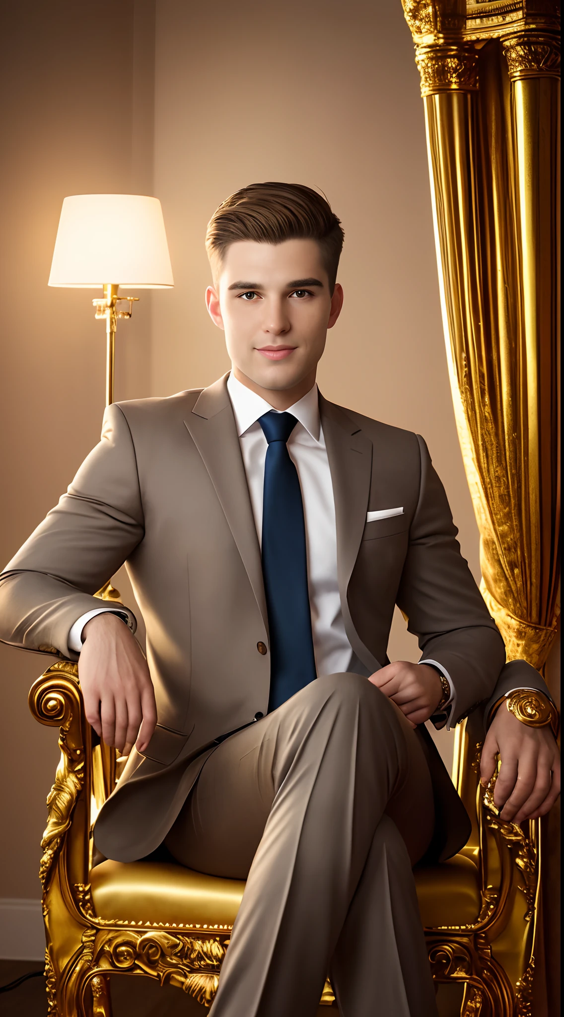 Business man,sitting in the golden-chair.room lighted,800mm lens.highly quality photo,highly detailed.hand detailed,face detailed,leg detailed,head detailed,eye detailed,mouth detailed,nose detailed,clothes detailed,beautiful face.