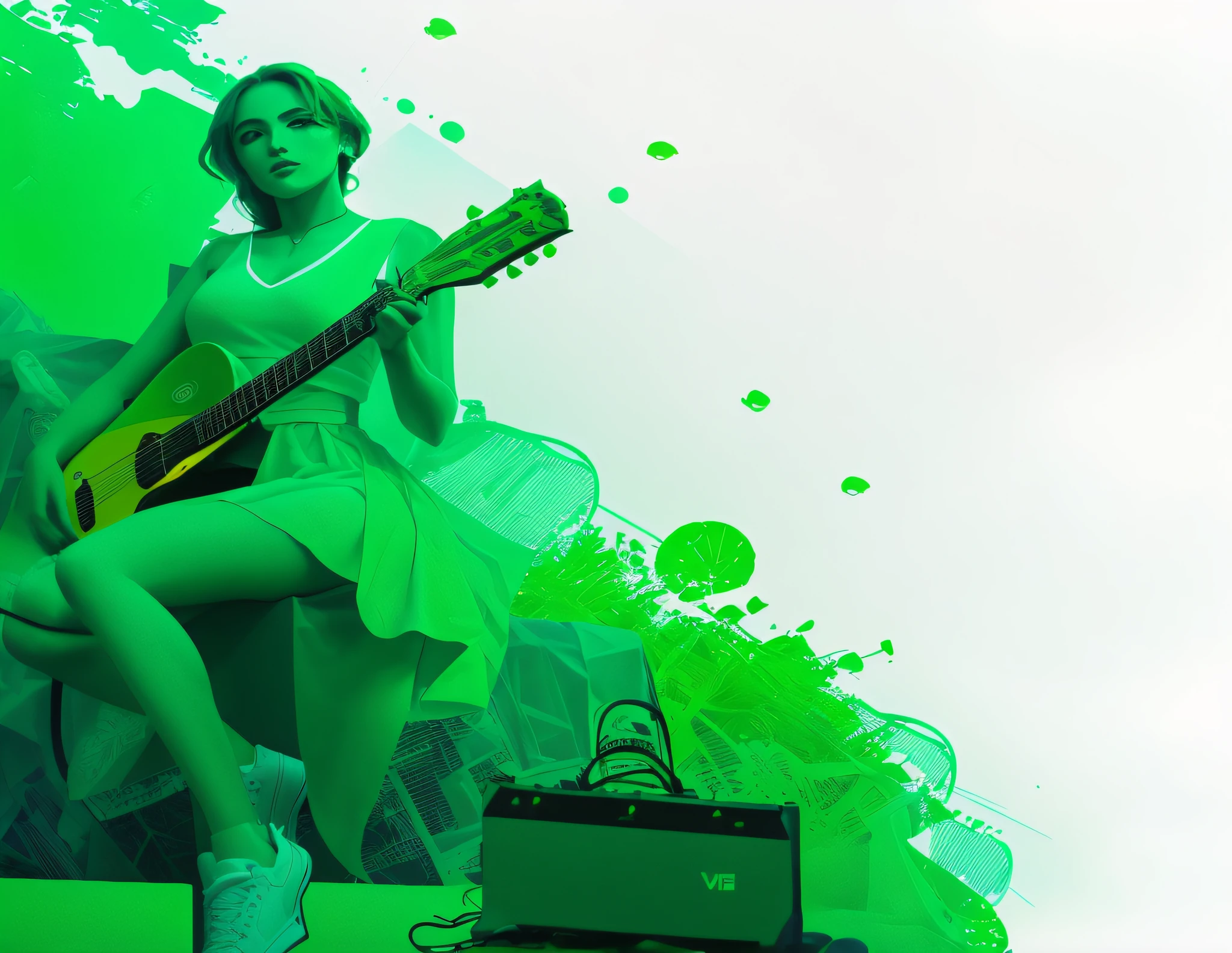 There's a woman sitting on a chair with a guitar, Tom Verde, Arte Promocional, toneladas verdes, imagem promocional da NVIDIA, promotional render, mulheres tocando guitarra, the girl plays the guitar, imagem promocional, Tema Verde, advertising photo, Luz ambiente verde, cores verdes, compositing, tonalidade verde, Fanart, tela verde, luz verde do concerto, roupas verdes, neon verde
