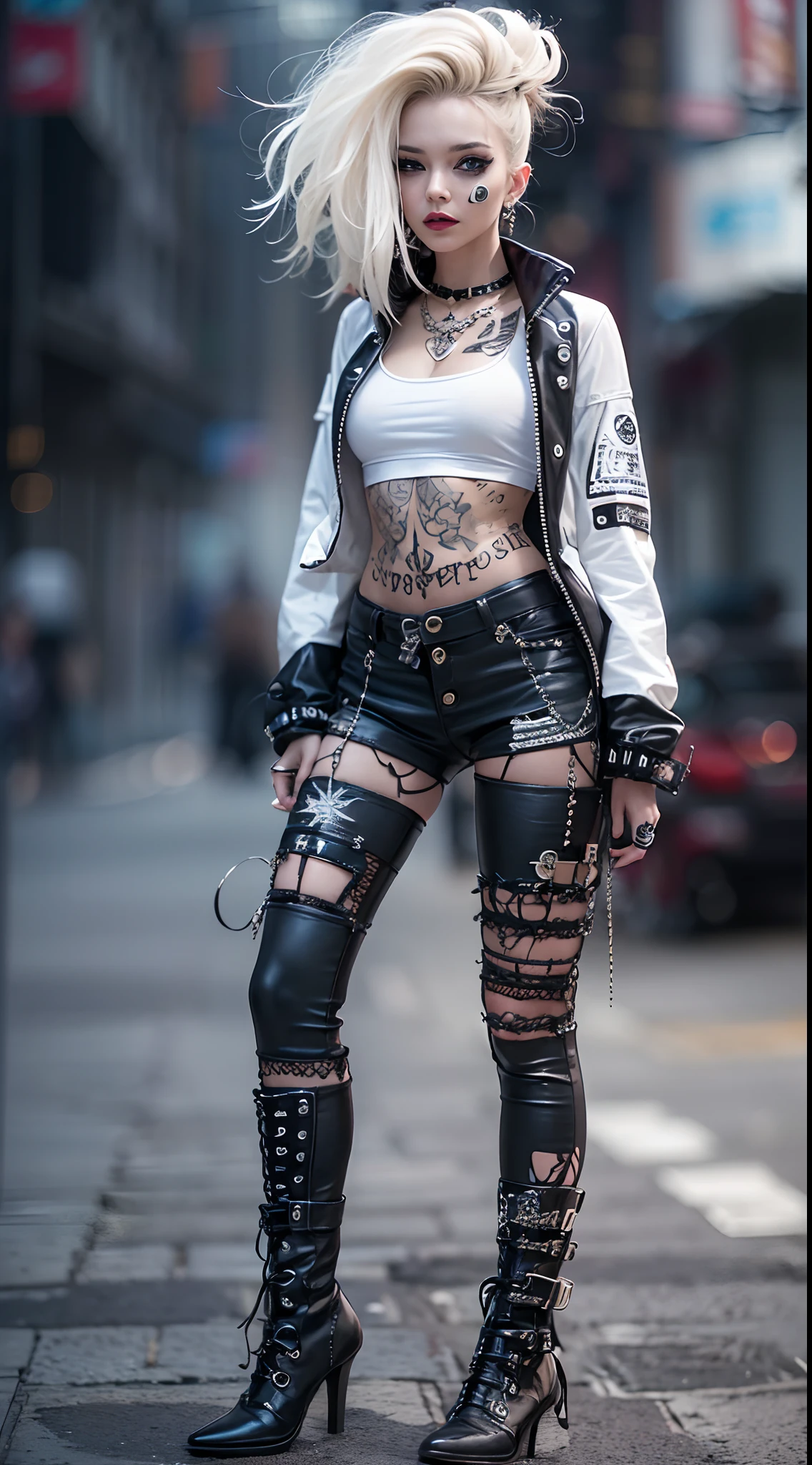 The prompts for the first theme are as follows:
"(Best Quality, 8K, 32K, masutepiece:1.3), Ultra-detailed, (Photorealistic:1.4), white colors, albino, Punk Girl, Detailed eyes, Upper body, Luxurious punk hair, Edgy punk fashion, Avant-garde makeup, Numerous piercings, Heavily tattooed body, Street background, Backlight effect, Shallow depth of field, Blurry background"