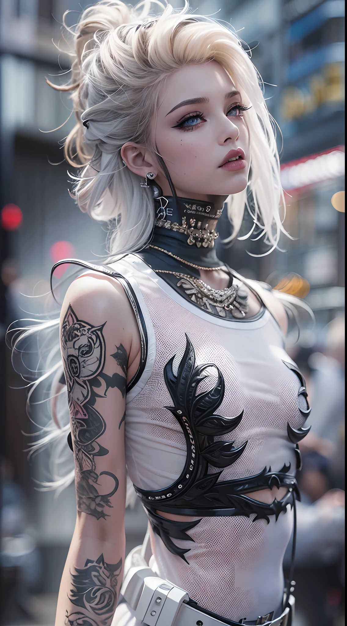 The prompts for the first theme are as follows:
"(Best Quality, 8K, 32K, masutepiece:1.3), Ultra-detailed, (Photorealistic:1.4), white colors, albino, Punk Girl, Detailed eyes, Upper body, Luxurious punk hair, Edgy punk fashion, Avant-garde makeup, Numerous piercings, Heavily tattooed body, Street background, Backlight effect, Shallow depth of field, Blurry background"