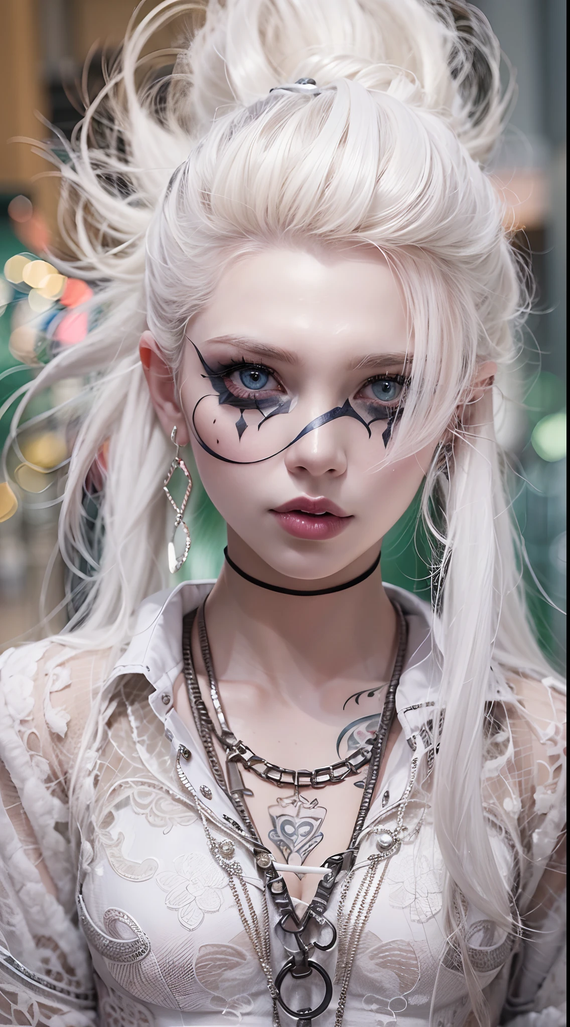The prompts for the first theme are as follows:
"(Best Quality, 8K, 32K, masutepiece:1.3), Ultra-detailed, (Photorealistic:1.4), white colors, albino, Punk Girl, Detailed eyes, Upper body, Luxurious punk hair, Edgy punk fashion, Avant-garde makeup, Numerous piercings, Heavily tattooed body, Street background, Backlight effect, Shallow depth of field, Blurry background"