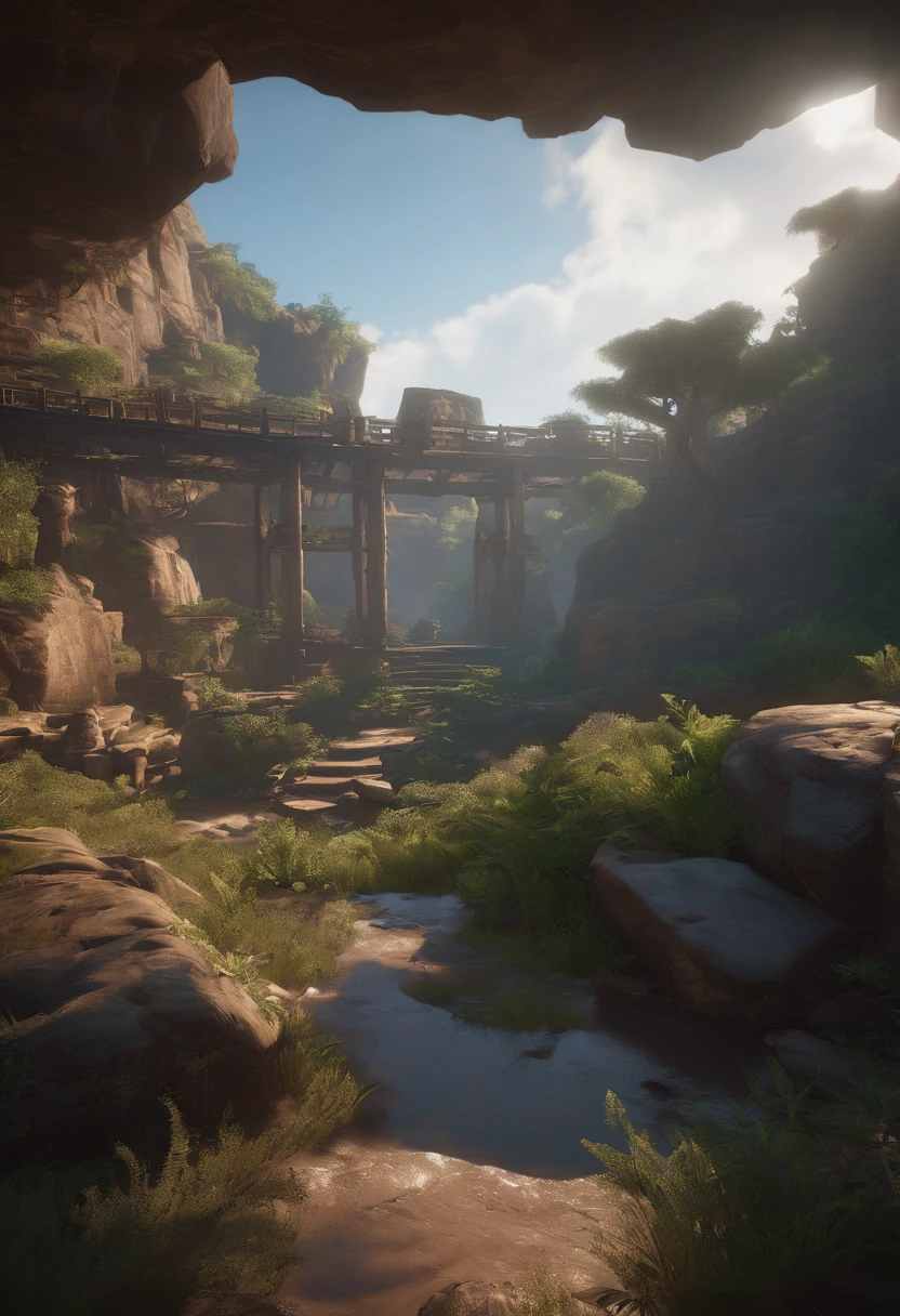 Chinese Ancient Times，Ruins of a large mine next to the copper pit，Remains Cliff，There is a little dead wood，Twilight Hour，Dimly lit，Loess，Close-up，2D game scene style，Unreal Engine 5 environment, unreal engine 5 digital art, unreal engine 5 render dramatic, unreal engine 5 4 k uhd image,  Estilo de Makoto Shinkai，masterpiece of a master，high-definition picture quality