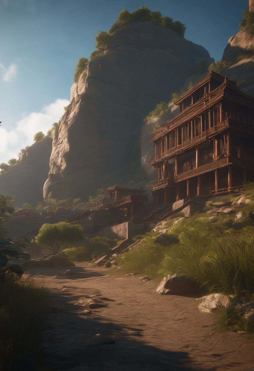 Chinese Ancient Times,Ruins of a large mine next to the copper pit,Remains Cliff,There is a little dead wood,Twilight Hour,Dimly lit,Loess,Close-up,2D game scene style,Unreal Engine 5 environment, unreal engine 5 digital art, unreal engine 5 render dramatic, unreal engine 5 4 k uhd image, Estilo de Makoto Shinkai,masterpiece of a master,high-definition picture quality