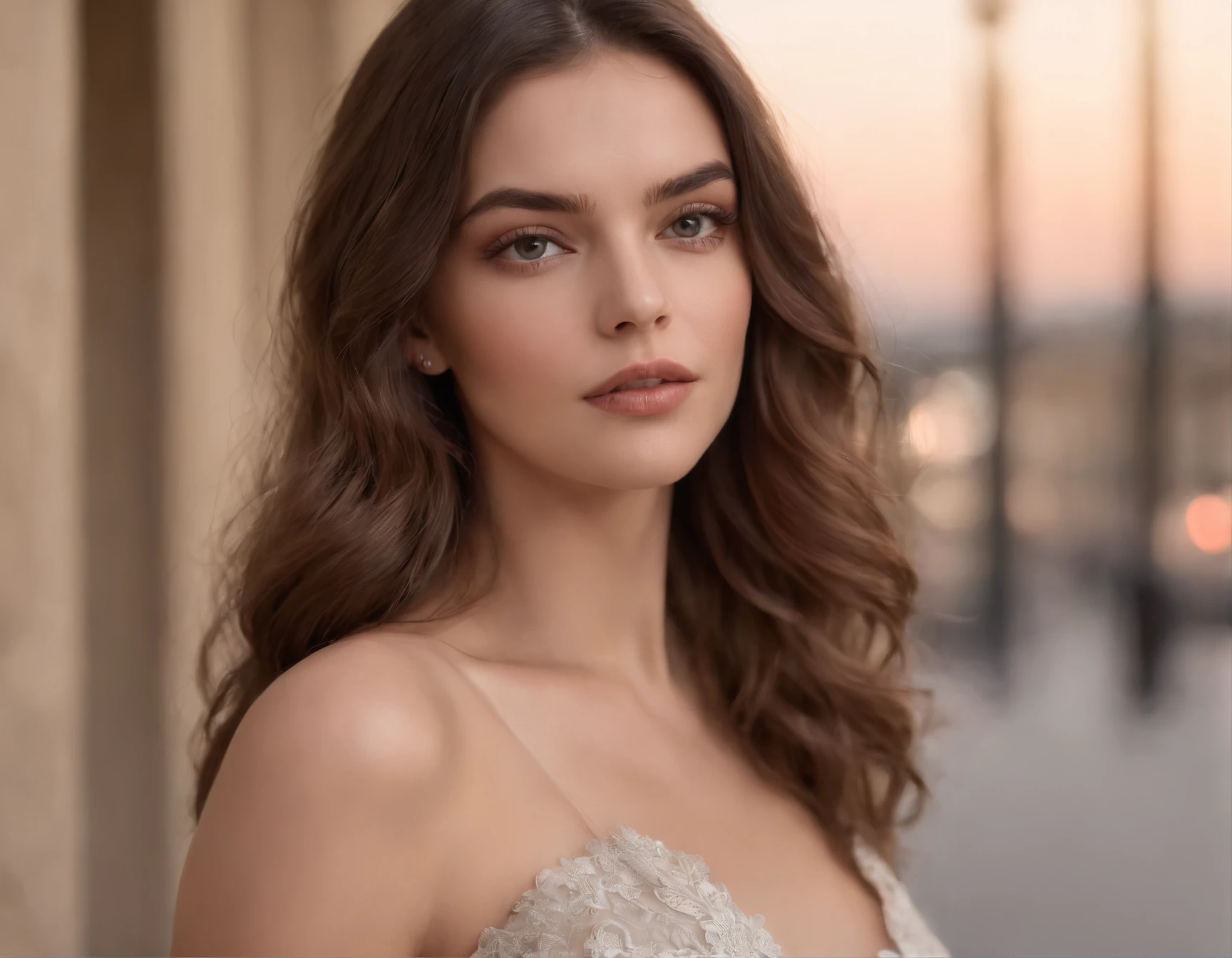 Photo of Spanish woman, ..RAW, beautiful woman, labios de fresa entreabiertos, con ojos marrones, ultra realista, enfocado, meticulosamente detallado, Retrato Sophie Mudd, Retrato Milla Jovovich, Retrato Liv Tyler, brown hair and large eyes, (extra long wavy brown hair), ((Cara detallada)), ((Detailed facial features)), (piel finamente detallada), Pale skin, (Escote profundo detallado vestido transparente profundo con escote en V),(hermoso pecho), ((tacones altos)), (Pose arrodillada en la calle), (cold colors), humid, humid, Reflexiones, (obra maestra) (perfect ratio)(foto realista)(La mejor calidad) (detallado) fotografiado con una EOS R5 de Canon, Muelle de 50 mm, f/1,8, HDR, (8k) (papel tapiz) (cinematic lighting) (Dramatic lighting) (foco nítido) (intrincado),((Looking at camera))