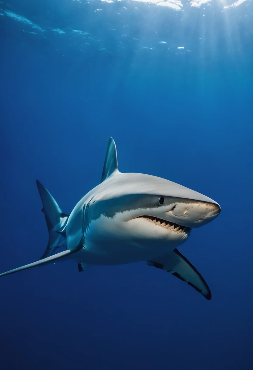 Realistic undersea background of Atlantis with a yellow mako shark that has purple stripes