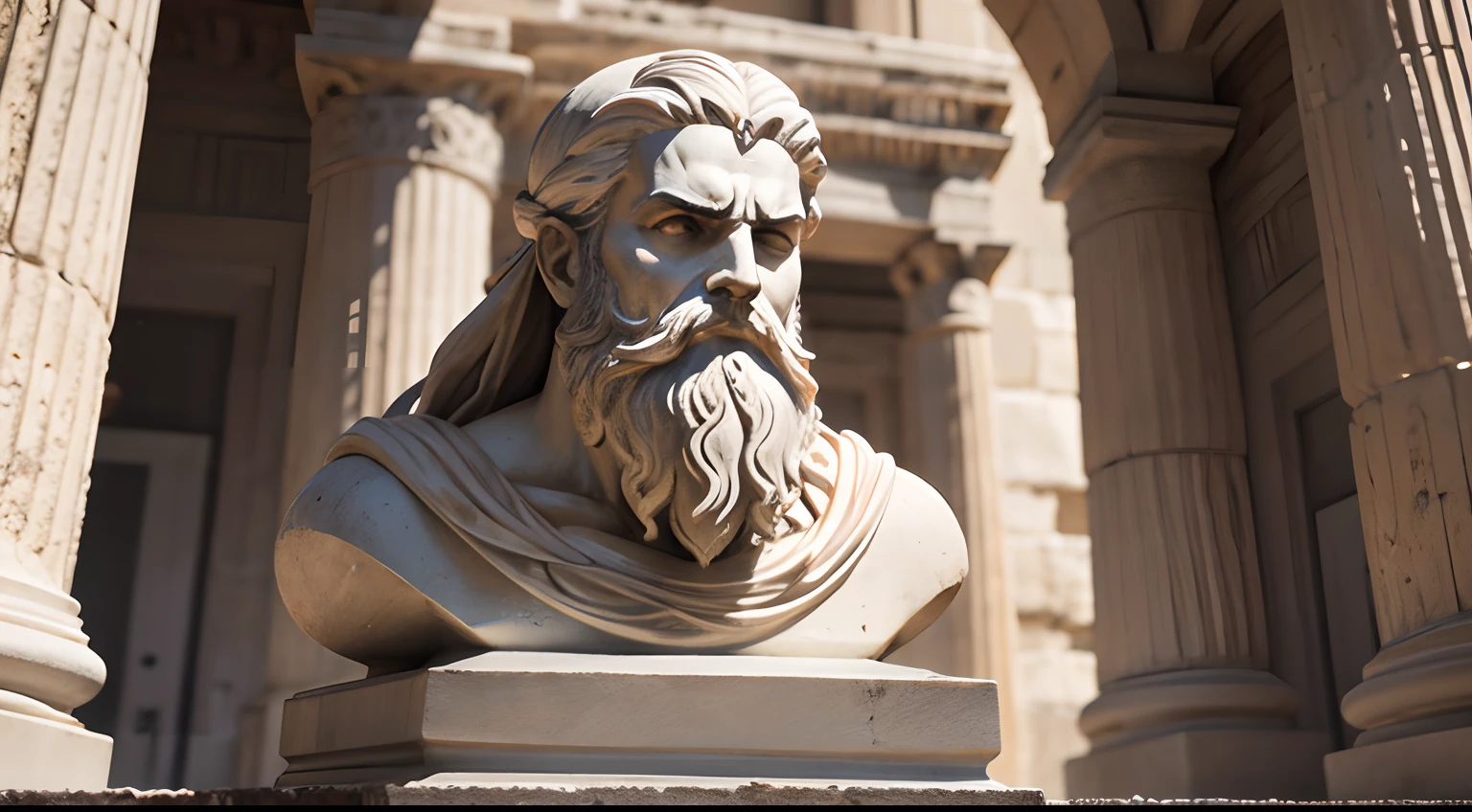 Ancient Greek statue with angry expression, has beard, a lot details in both eyes, Outside, com rosto extremamente detalhado full body view, Colors with low saturation with dark tone, Filmado em Sony A7S III com Sony FE 35mm f/1.8, 12.1 MP, --AR 3:2 --estilo cru