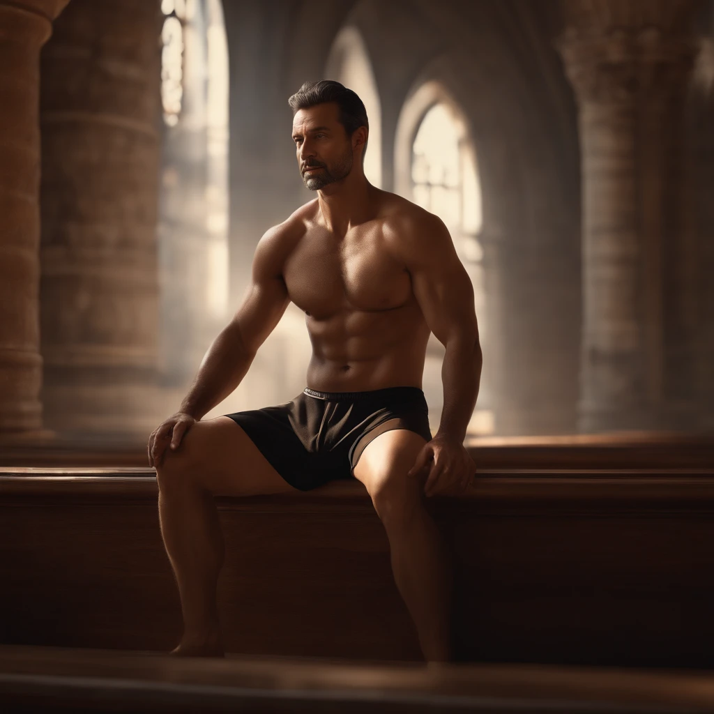 (Professional 3D rendering:1.3), (Realistic:1.3), Foto de arte mais bonita do mundo, Apresenta homens bronzeados e brilhantes, ((A melancholy middle-aged Caucasian man wears a (underwear:1.4), (straight black hair back:1.3), (restolho aparado:1.3), (corpo magro bronzeado:1.4), (barefoot:1.2), (tiro de corpo inteiro:1.3), Standing in the church, arrependimento, Arrepender-se, penance)), pele bronzeada, pele bronzeada, corpo suado, corpo bronzeado, (corpo inteiro 8k unidade render), action shot, poros da pele, very dark lighting, sombreamento pesado, circunstanciado, Rosto detalhado, (vibrante, fotografia realista, Realistic, Dramatic, Escuro, foco nítido, 8k), (intrincado:1.4), decadente, (altamente detalhado:1.4), pintura digital, rendering by octane, art stations, Conceito-Arte, foco nítido, illustration, germe da arte, (Loish:0.23), WLOP, e Greg Rutkowski e Alphonse Mucha Gracias,(global ilumination, studiolight, volumetric light), CGSesociedade,art stations, corpo inteiro, bare feet,