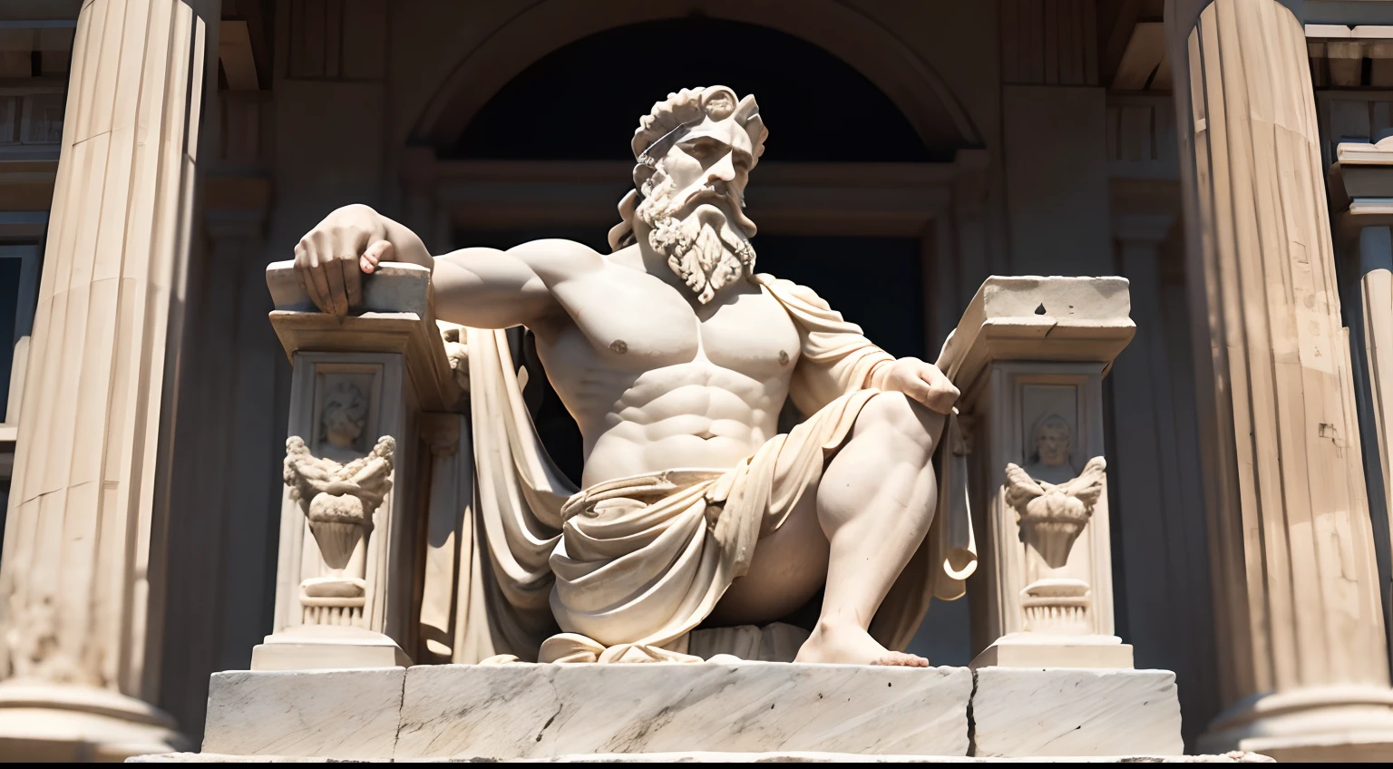 Ancient Greek statue with angry expression, has beard, a lot details in both eyes, Outside, com rosto extremamente detalhado full body view, Colors with low saturation with dark tone, Filmado em Sony A7S III com Sony FE 35mm f/1.8, 12.1 MP, --AR 3:2 --estilo cru