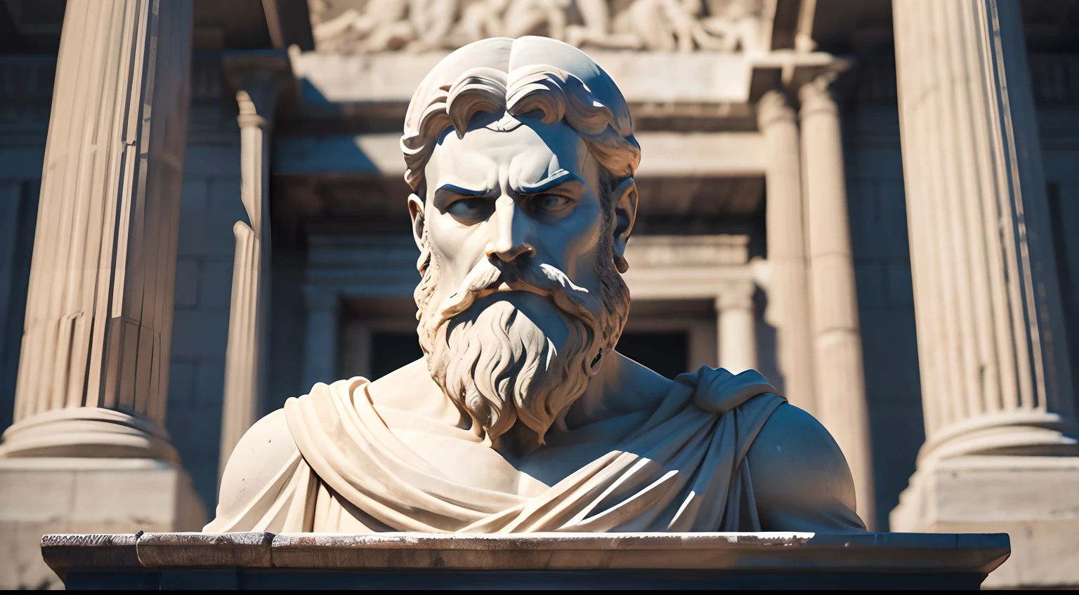 Ancient Greek statue with angry expression, has beard, a lot details in both eyes, Outside, com rosto extremamente detalhado full body view, Colors with low saturation with dark tone, Filmado em Sony A7S III com Sony FE 35mm f/1.8, 12.1 MP, --AR 3:2 --estilo cru