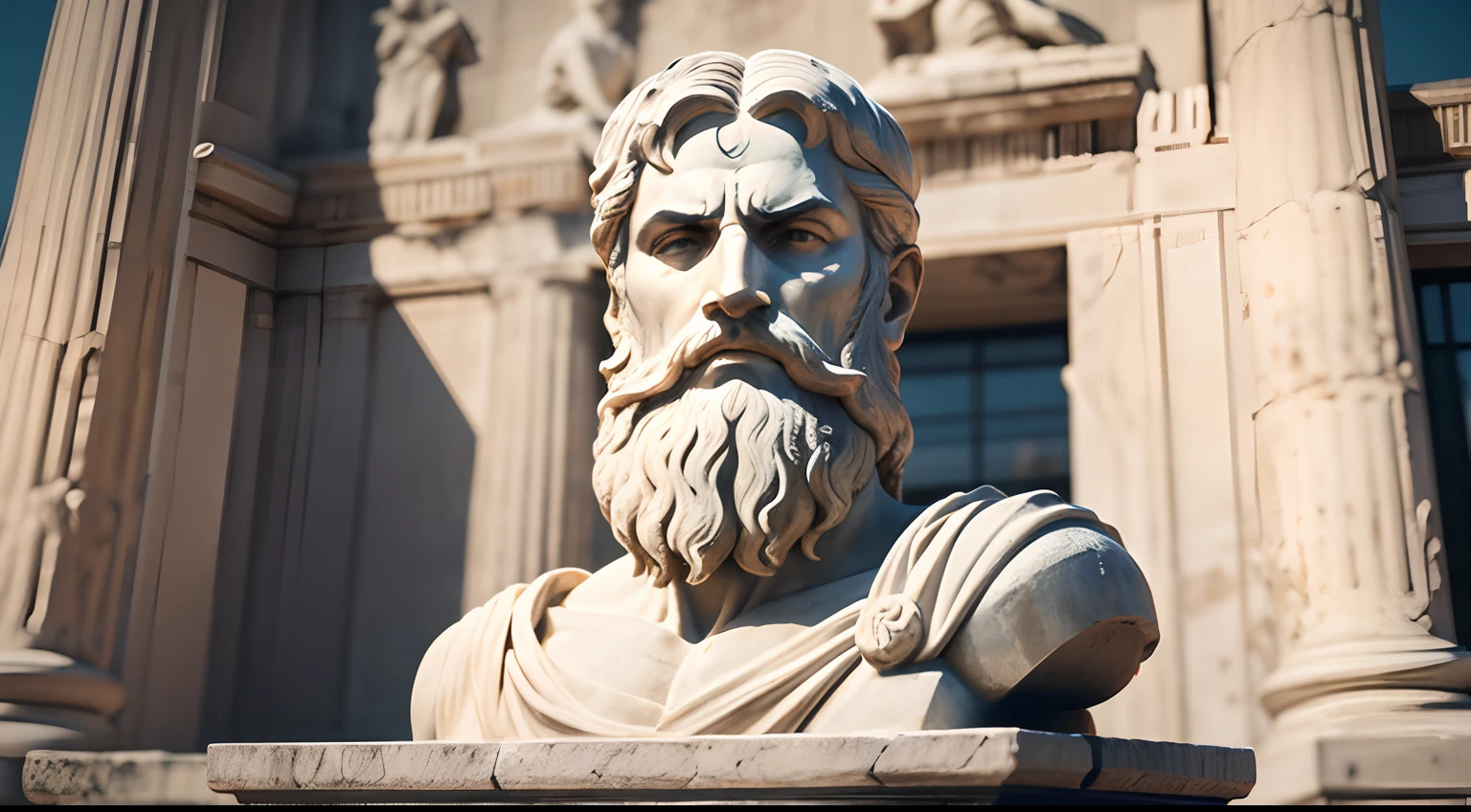 Ancient Greek statue with angry expression, has beard, a lot details in both eyes, Outside, com rosto extremamente detalhado full body view, Colors with low saturation with dark tone, Filmado em Sony A7S III com Sony FE 35mm f/1.8, 12.1 MP, --AR 3:2 --estilo cru